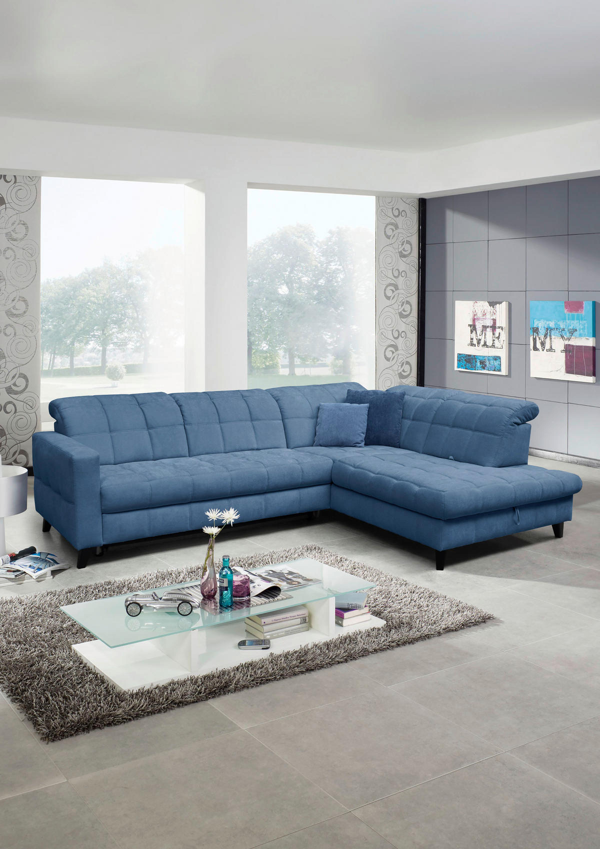 SEDEŽNA GARNITURA, tkanina modra  - modra/črna, Design, tekstil/les (216/297cm) - Xora