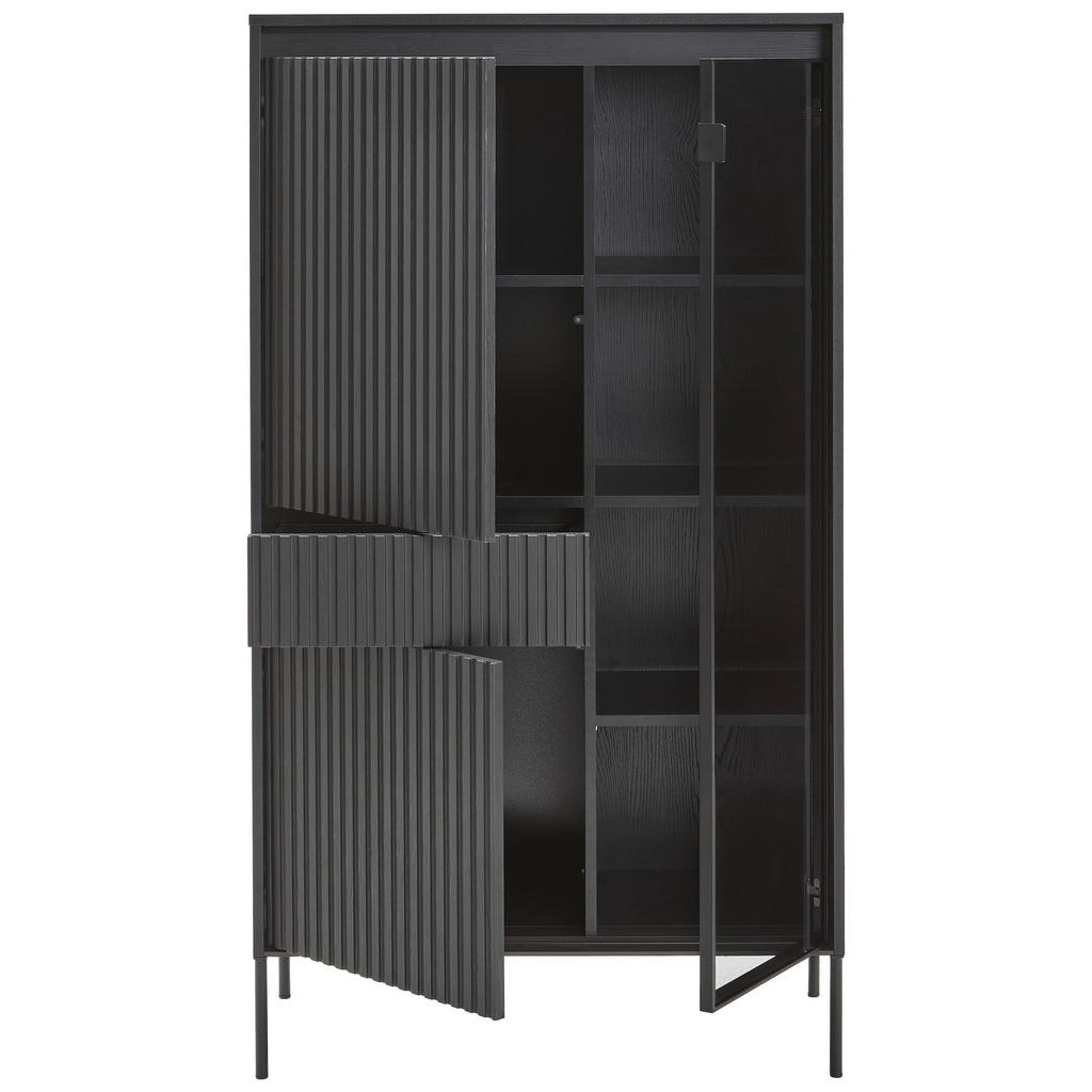 Thumbnail - Hom`in Vitrine, Schwarz, Metall, Holzwerkstoff, Glas, 3 Fächer, 1 Schubladen, 86x154x40 cm, Beleuchtung, Beimöbel erhält...