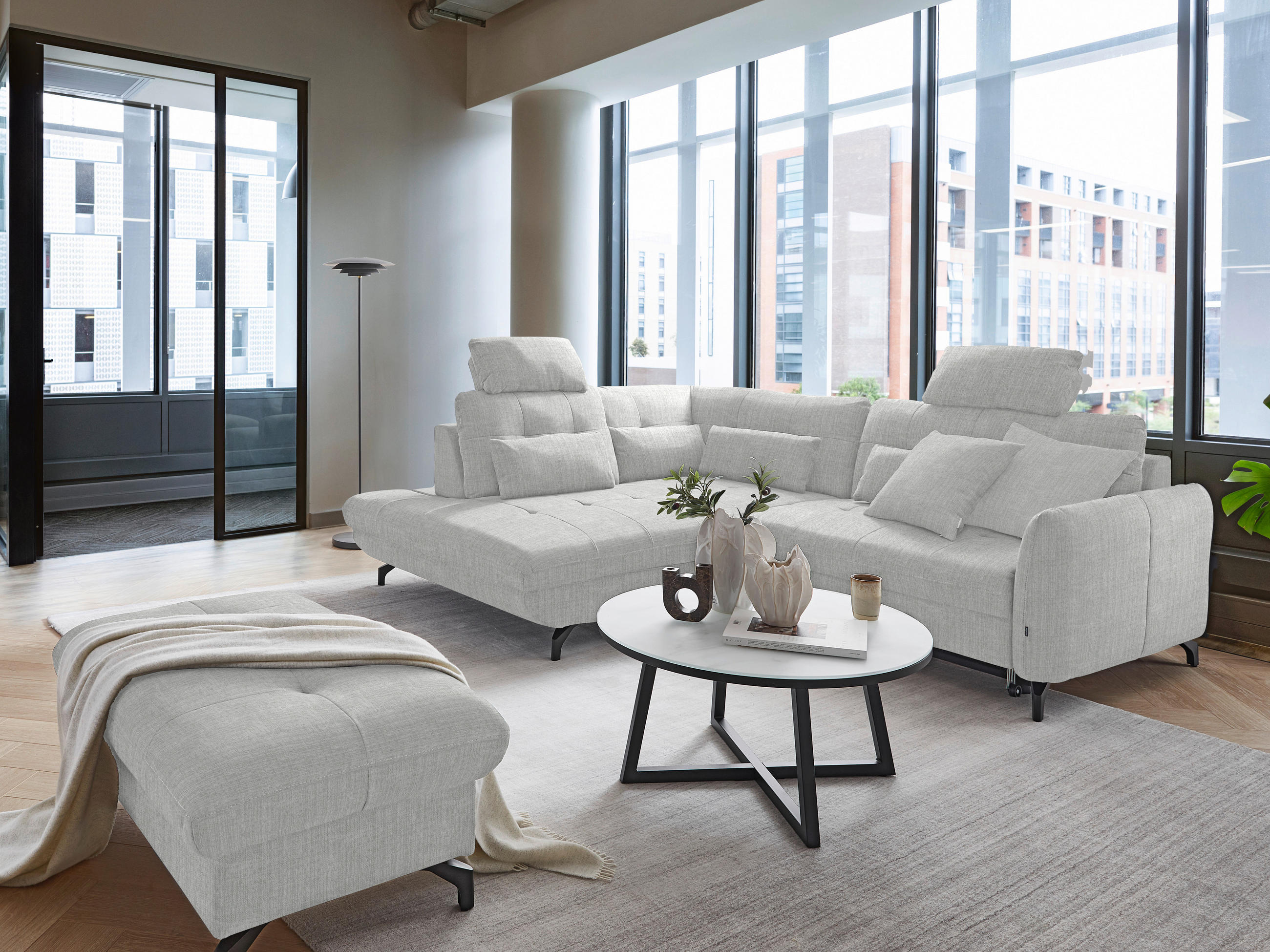ECKSOFA in Flachgewebe, Leinenoptik Silberfarben  - Silberfarben/Schwarz, Design, Textil/Metall (208/247cm) - Xora