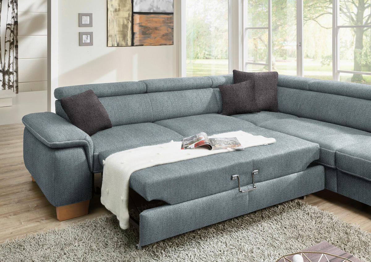 ECKSOFA in Mikrofaser Blaugrau  - Eichefarben/Beige, Natur, Holz/Textil (226/273cm) - Beldomo System
