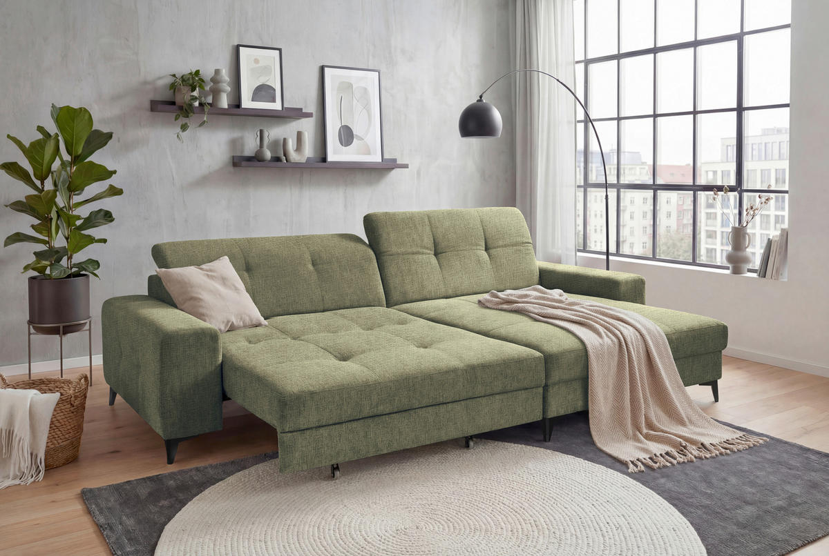 ECKSOFA SORELLA in Chenille Dunkelgrün Kopfteilverstellung, Sitztiefenverstellung  328/182 cm  - Dunkelgrün/Schwarz, Design, Kunststoff/Textil (328/182cm) - MID.YOU