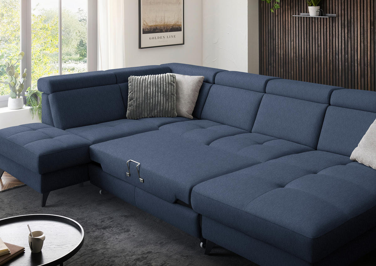 WOHNLANDSCHAFT Flachgewebe Dunkelblau  - Schwarz/Dunkelblau, Konventionell, Textil/Metall (215/333/174cm) - Beldomo System
