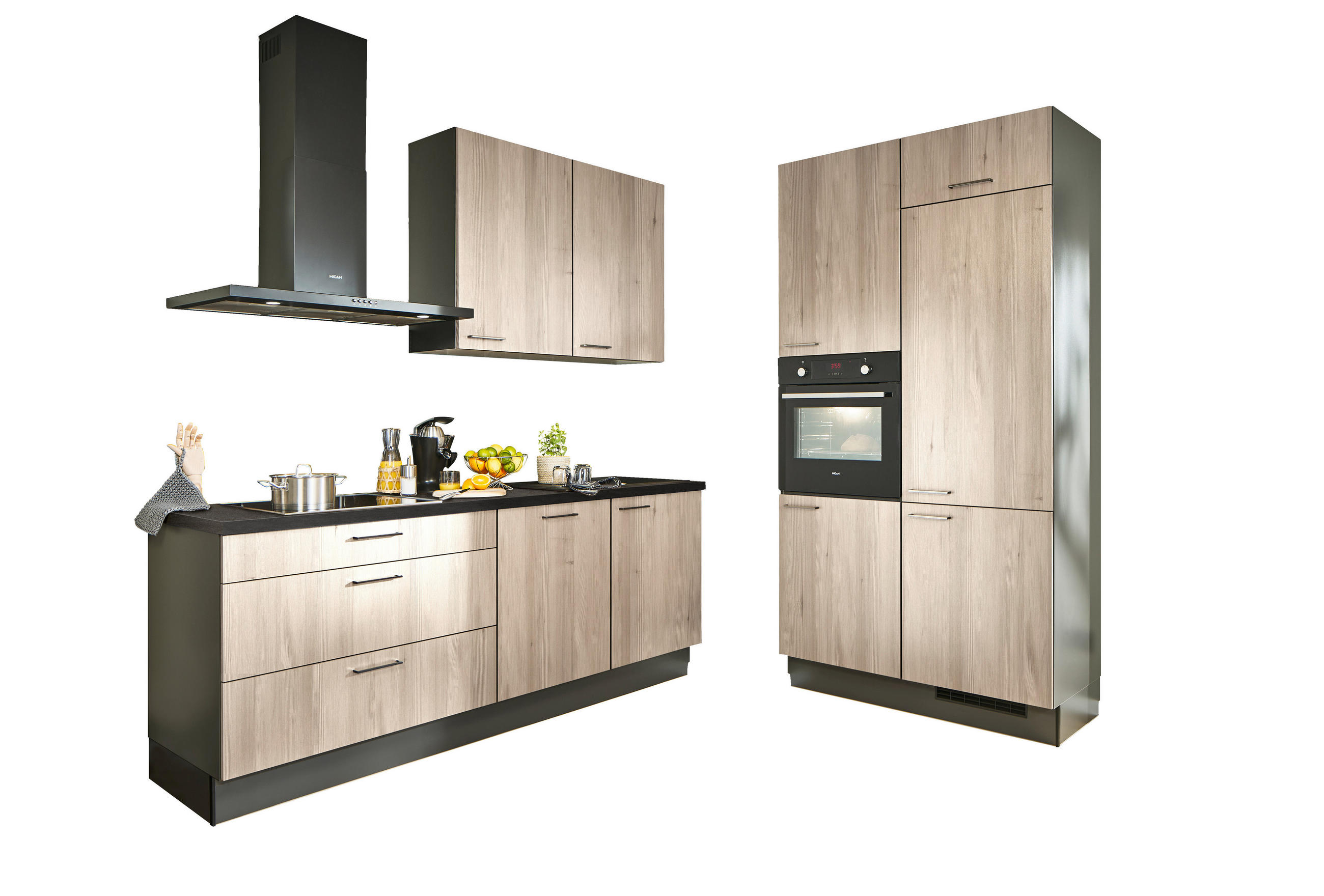 ECKKÜCHE 220/120 cm  in Graphitfarben, Schwarz, Tannenholzfarben  - Chromfarben/Tannenholzfarben, Design, Holzwerkstoff/Metall (220/120cm) - Xora