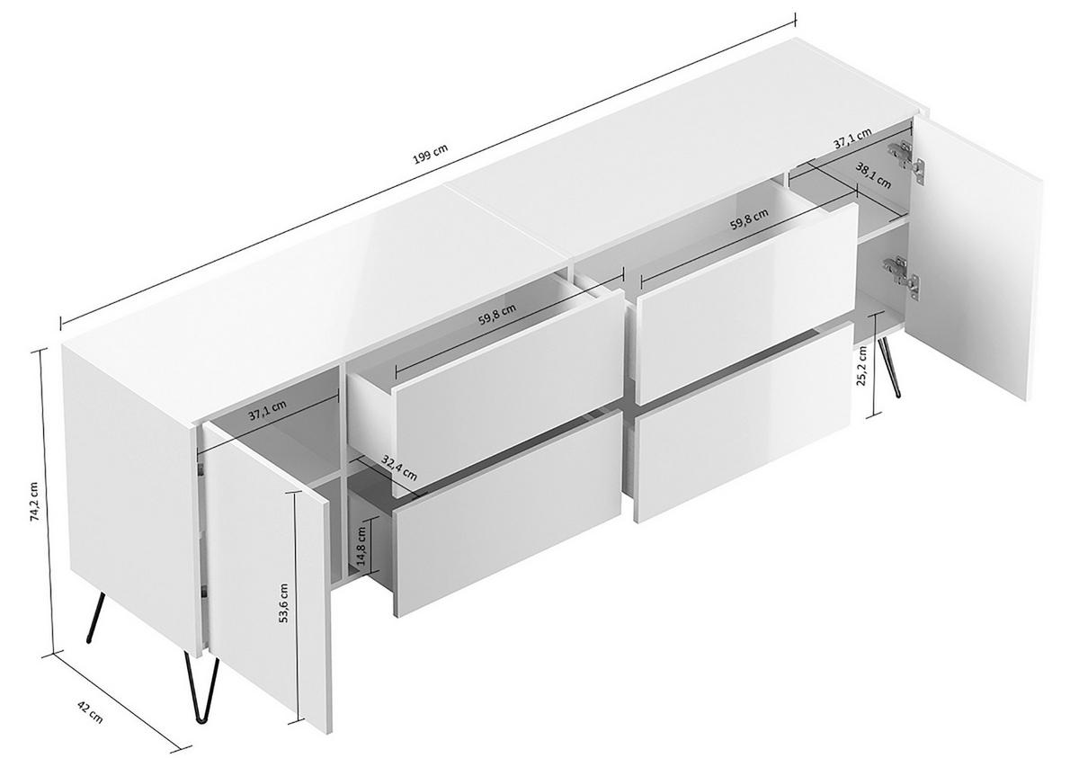SIDEBOARD Posseik Industrial 199/75,8/42 cm 4 Schublade(n)  - Weiß Hochglanz/Eichefarben, Design, Holzwerkstoff/Metall (199/75,8/42cm) - MID.YOU