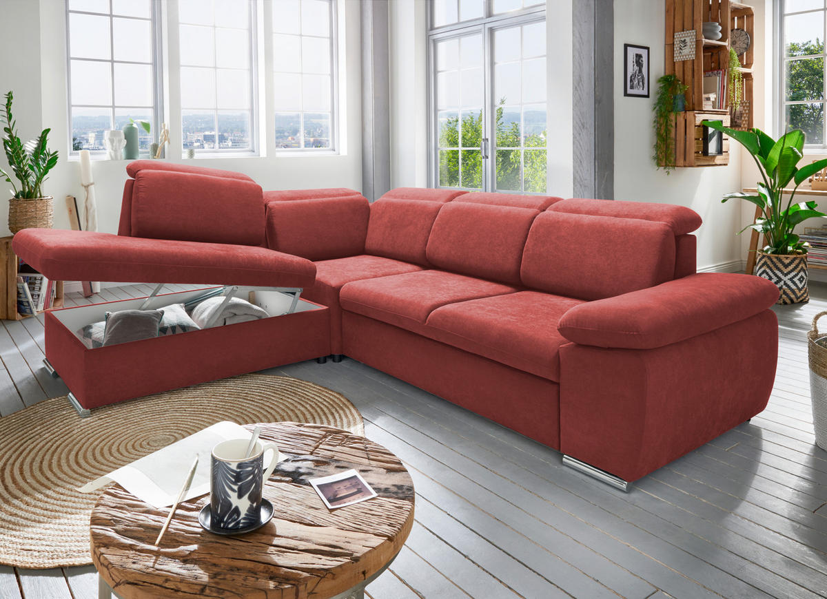 ECKSOFA Mikrofaser Rot  - Chromfarben/Rot, Design, Textil/Metall (228/283cm) - Livetastic