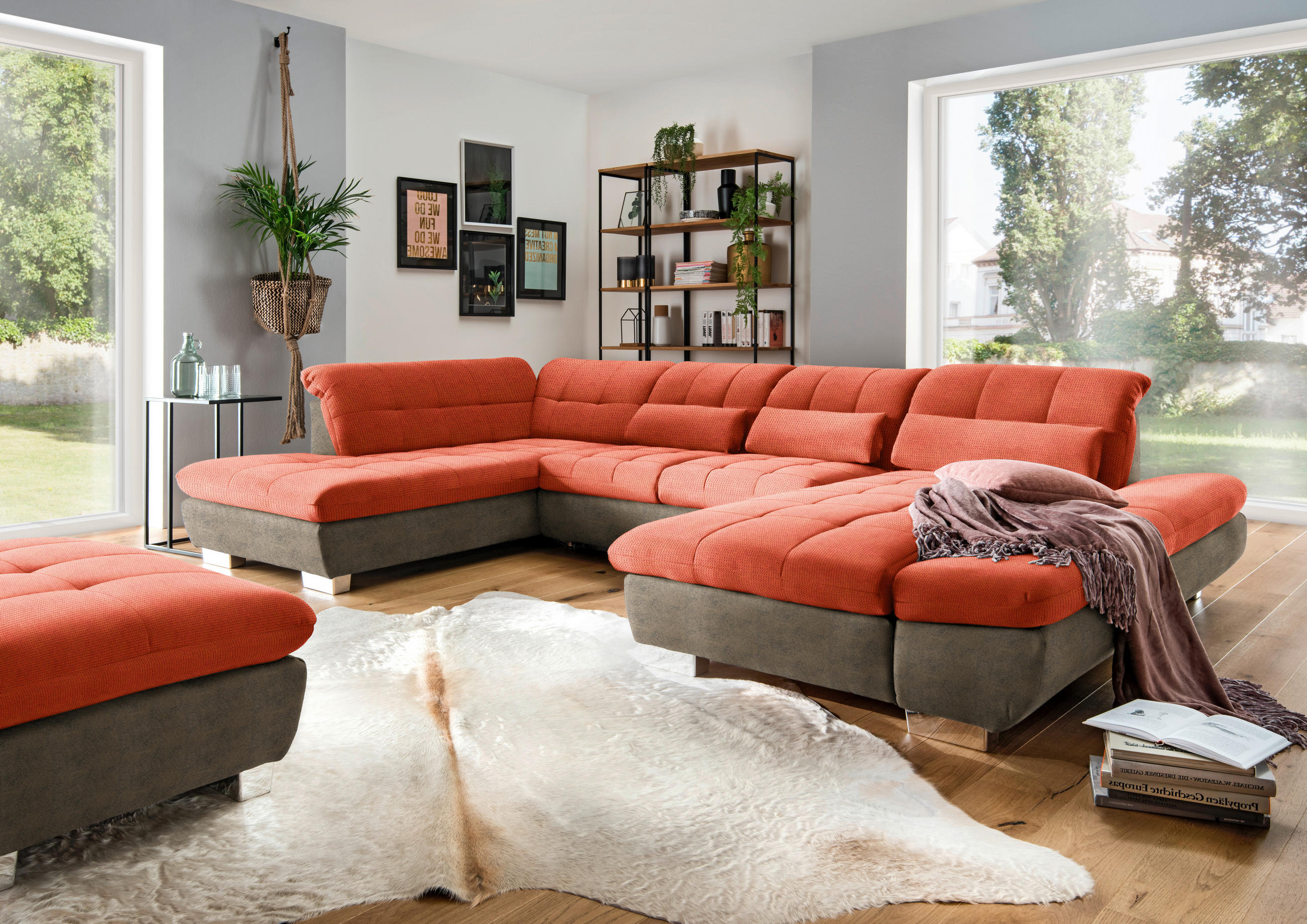 WOHNLANDSCHAFT in Mikrofaser Orange  - Chromfarben/Orange, Design, Kunststoff/Textil (211/350/204cm) - Xora