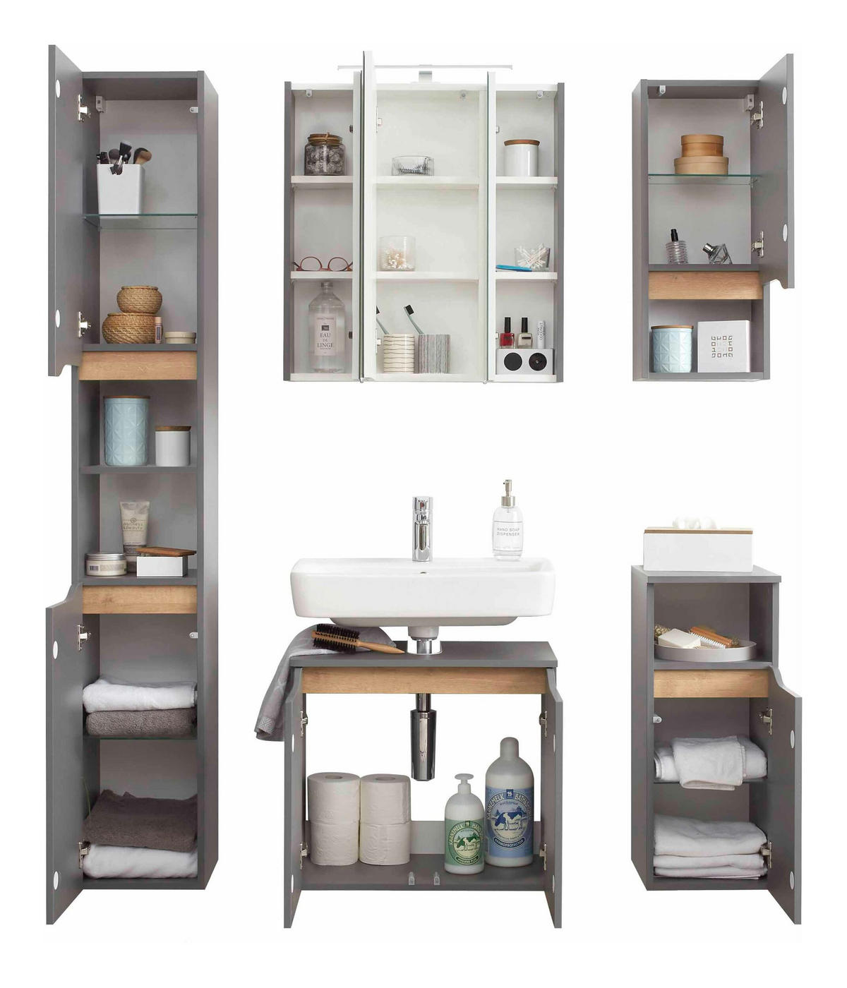 BADEZIMMER 5-teilig  in 125 cm  - Eichefarben/Dunkelgrau, KONVENTIONELL, Glas/Holzwerkstoff (125cm) - Pelipal