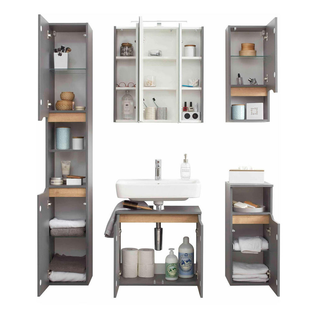 Thumbnail - Pelipal Badezimmer QS 357, Eiche, Dunkelgrau, Holzwerkstoff, 5-teilig, 10 Fächer, 125 cm, Made in Germany, hängend, Zusa...