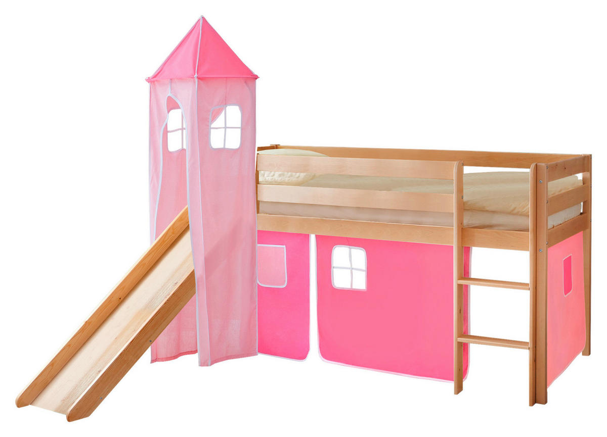 SPIELBETT Absturzsicherung, Leiter, Rutsche, Turm, Vorhang 90/200 cm  in Rosa, Kieferfarben, Hellrosa  - Hellrosa/Rosa, Natur, Holz (90/200cm) - MID.YOU