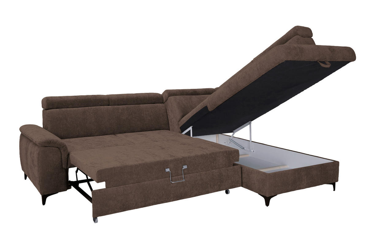 ECKSOFA Dunkelbraun Chenille Bettkasten, Schlaffunktion, Rücken echt, Kopfteilverstellung, Liegefläche im Originalstoff  - Dunkelbraun/Schwarz, KONVENTIONELL, Textil/Metall (265/206cm) - Carryhome