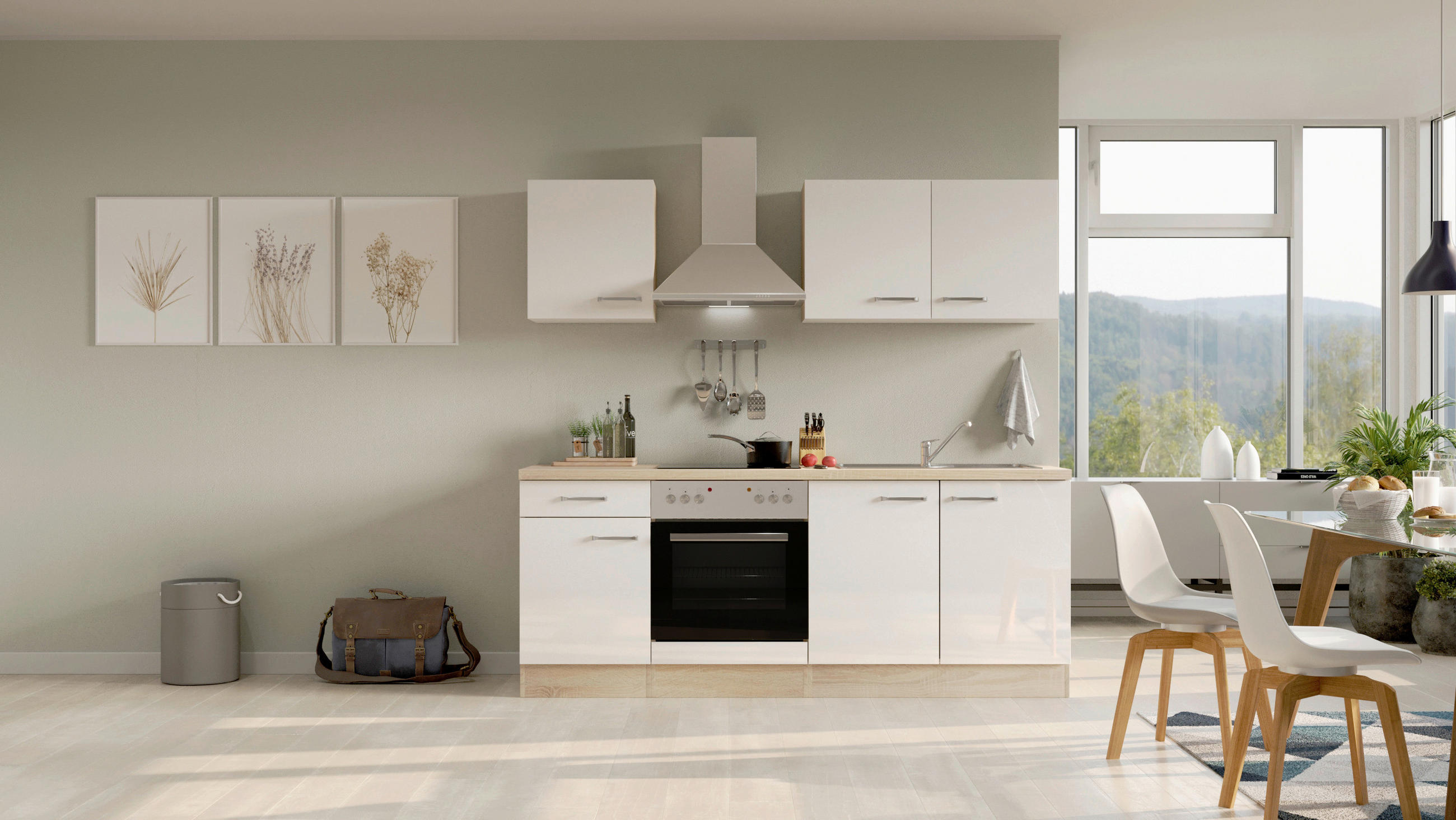 KUCHYNSKÁ LINKA VALERO 210 - biela s vysokým leskom/farba ušľachtilej ocele, Modern, kov/kompozitné drevo (210cm) - FlexWell