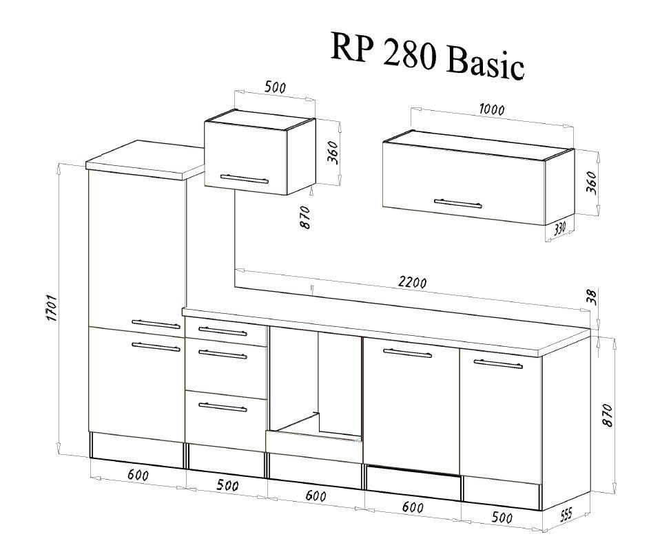KÜCHENBLOCK 280 cm   in Grau  - Eichefarben/Alufarben, KONVENTIONELL, Holzwerkstoff/Metall (280cm) - Respekta
