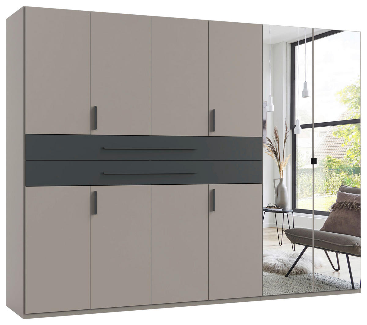 OMARA ZA OBLAČILA, barve grafita, siva, sahara  - sahara/siva, Design, steklo/leseni material (270/208/65cm) - Carryhome