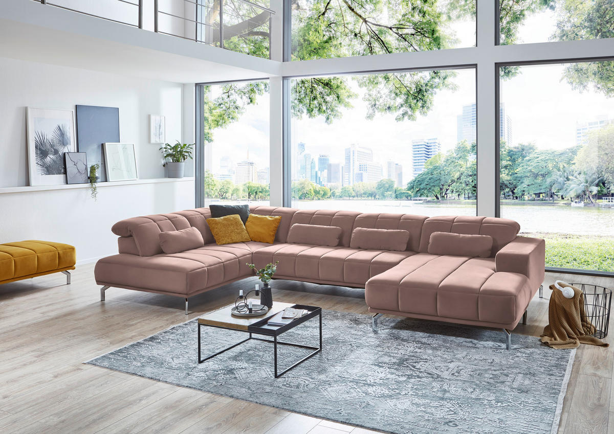 WOHNLANDSCHAFT Rosa Velours  - Schwarz/Rosa, Design, Textil/Metall (219/383/195cm) - Beldomo Style