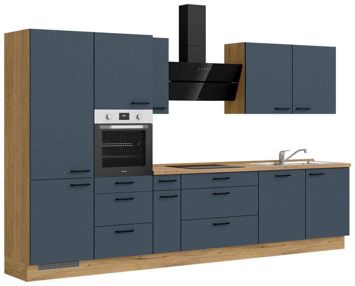 KÜCHENBLOCK 360 cm   in Eichefarben, Dunkelblau  - Eichefarben/Schwarz, MODERN, Holzwerkstoff/Metall (360cm) - Nobilia