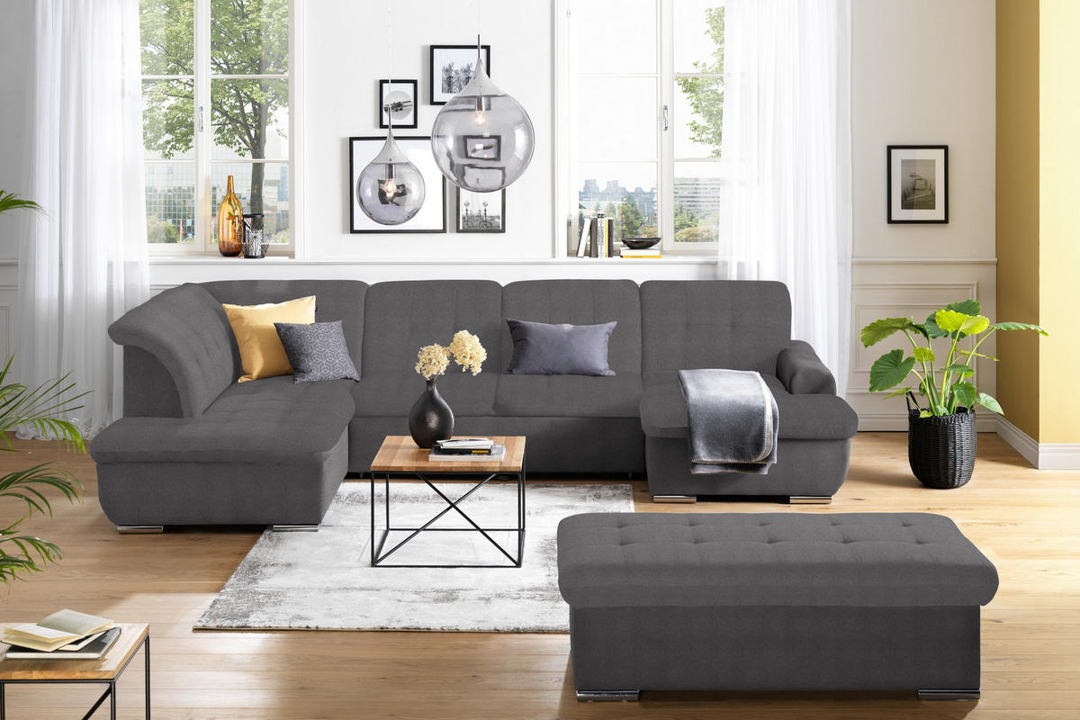 WOHNLANDSCHAFT in Flachgewebe Dunkelgrau  - Dunkelgrau/Silberfarben, Design, Textil/Metall (208/342/145cm) - Cantus
