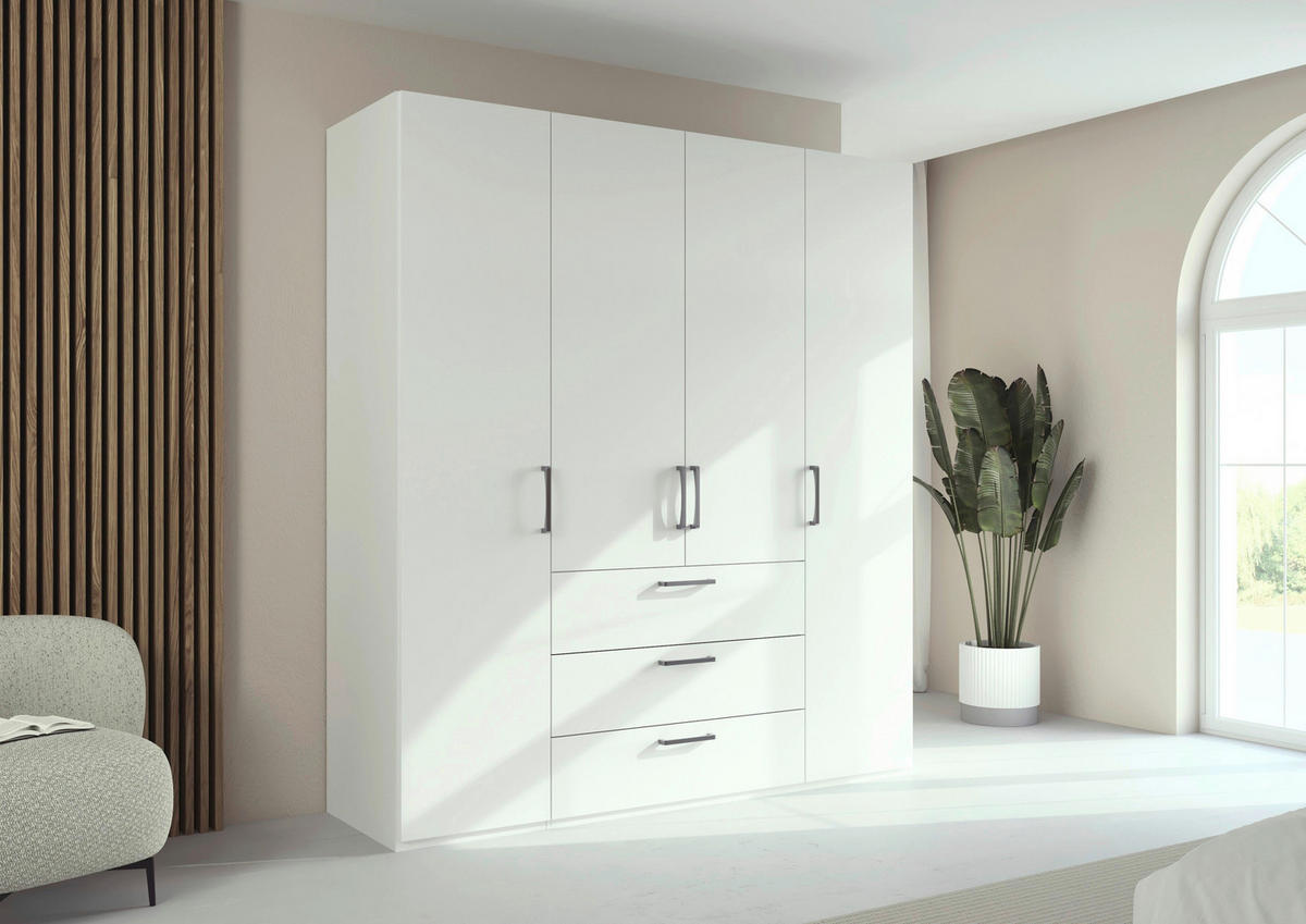 DREHTÜRENSCHRANK 201/223/61 cm,  in Weiß, 4-türig  - Edelstahlfarben/Weiß, Basics, Holzwerkstoff/Metall (201/223/61cm) - Novel