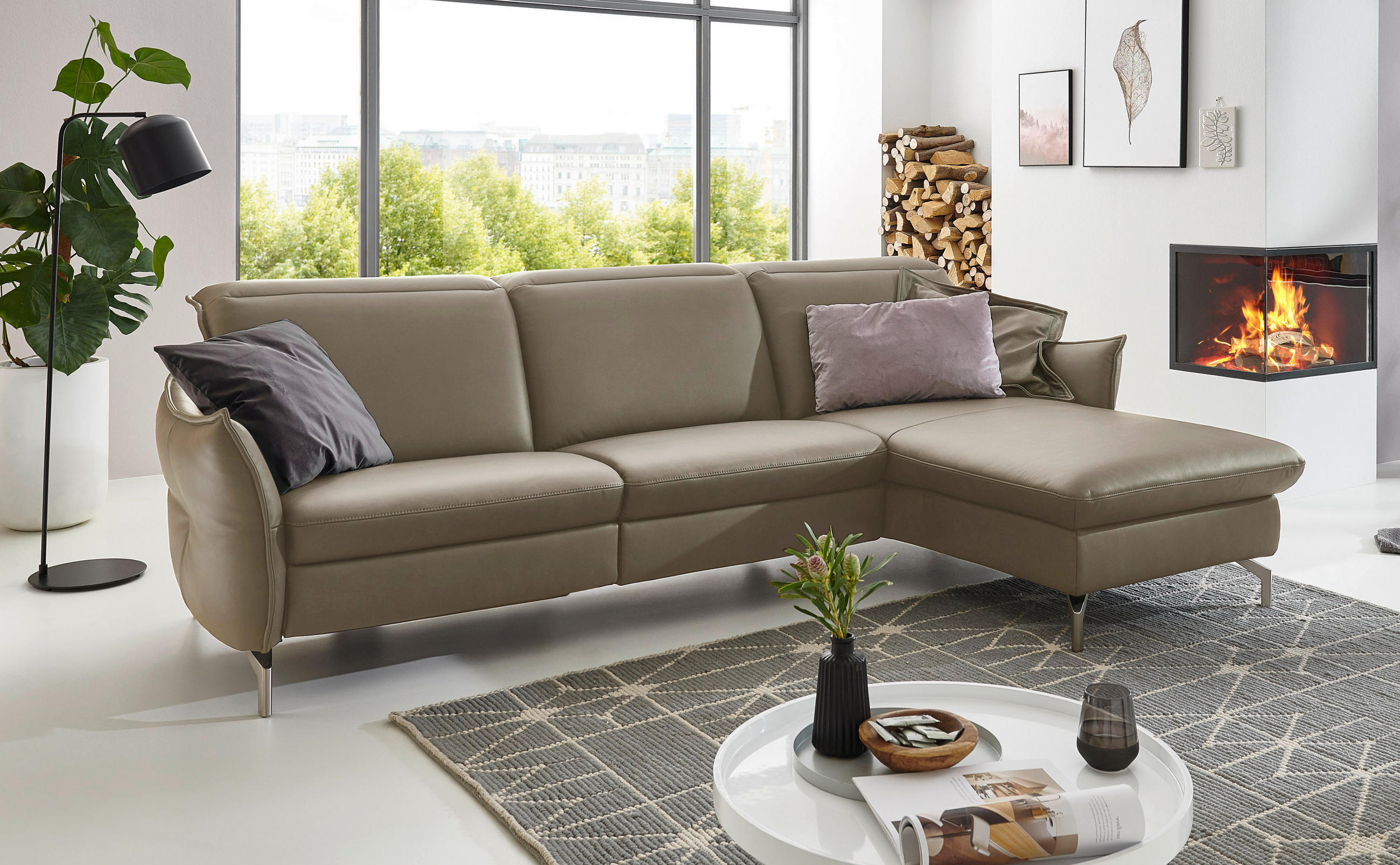 ECKSOFA Fango Echtleder  - Fango/Nickelfarben, MODERN, Leder/Metall (263/179cm) - Livetastic