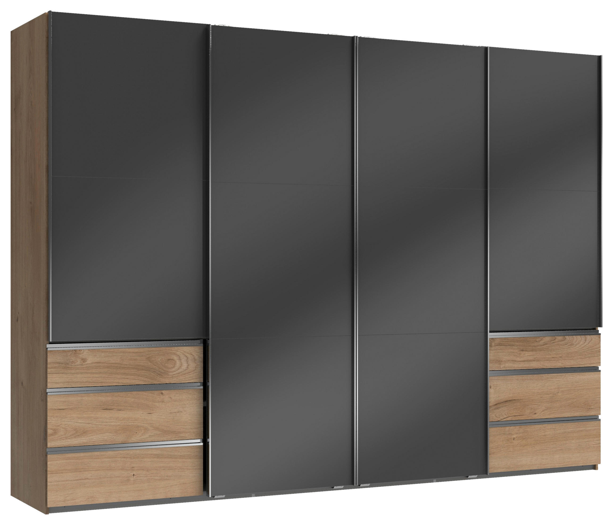 SCHWEBETÜRENSCHRANK 300/216/65 cm 4-türig Grau, Eichefarben  - Chromfarben/Eichefarben, MODERN, Holzwerkstoff (300/216/65cm) - MID.YOU