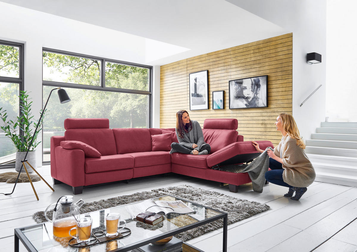 ECKSOFA in Echtleder Bordeaux  - Eichefarben/Bordeaux, Design, Leder/Holz (259/235cm) - Valdera