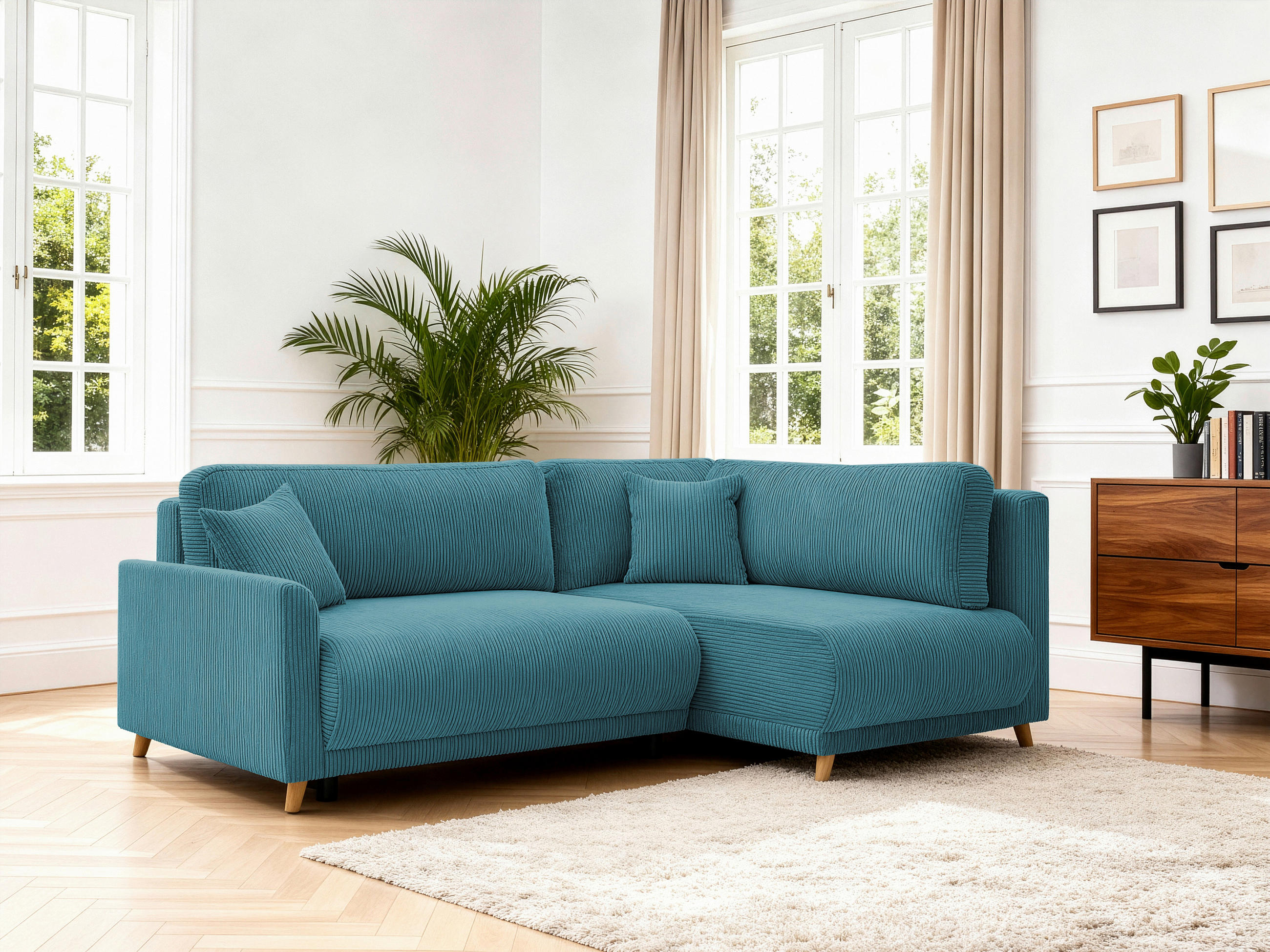 ECKSOFA MILOS Hellblau Cord Rückenkissen, Bettkasten, Schlaffunktion, Rücken echt  - Naturfarben/Hellblau, Design, Textil (224/148cm) - P & B