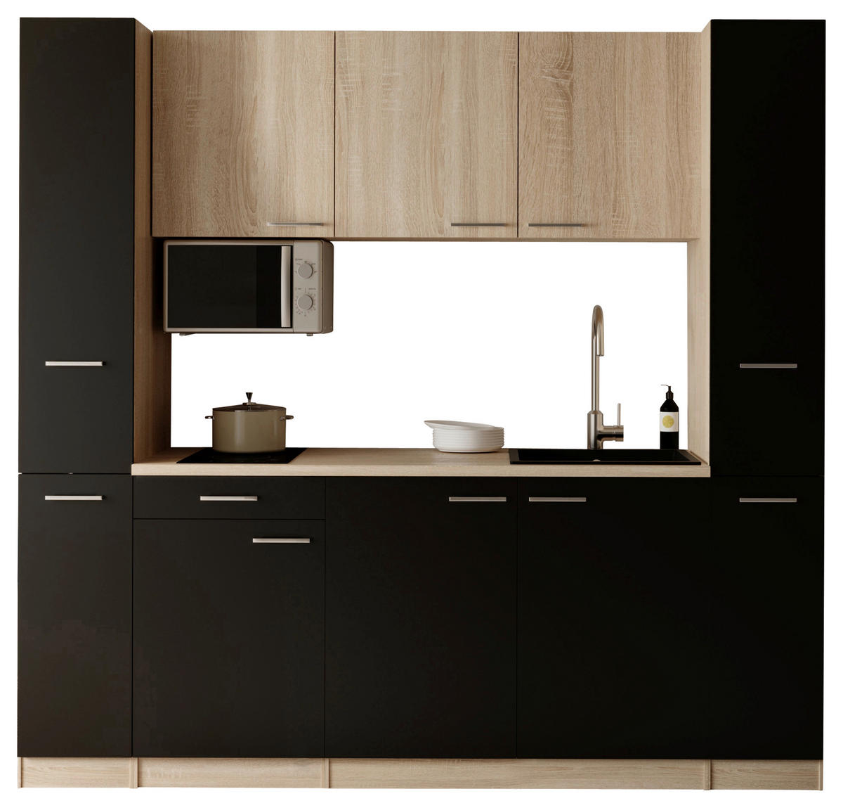KÜCHENBLOCK Ingrid 210 cm  in Schwarz  - Eichefarben/Alufarben, Design, Holzwerkstoff/Kunststoff (210cm) - Respekta