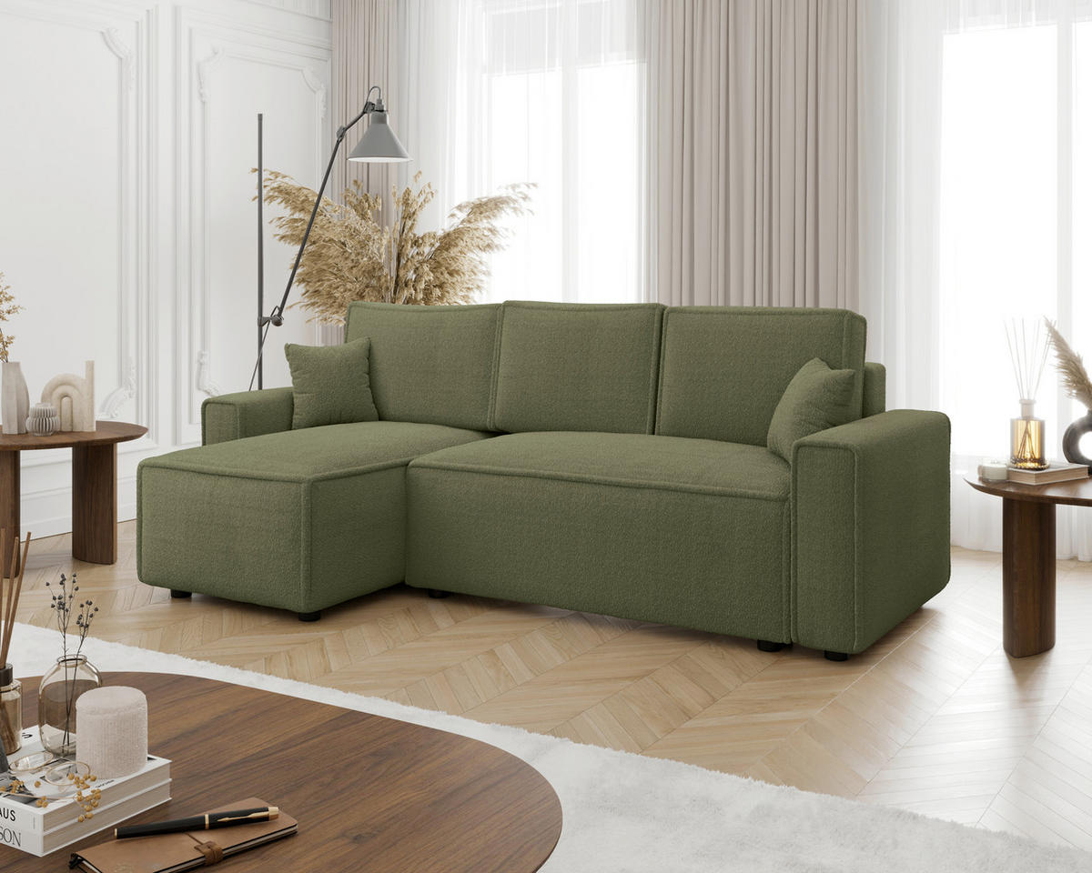 ECKSOFA Grün Bouclé Zierkissen, Rückenkissen, Bettkasten, Schlaffunktion, Rücken echt, Liegefläche im Originalstoff  - Schwarz/Grün, MODERN, Kunststoff/Textil (143/232cm) - Carryhome
