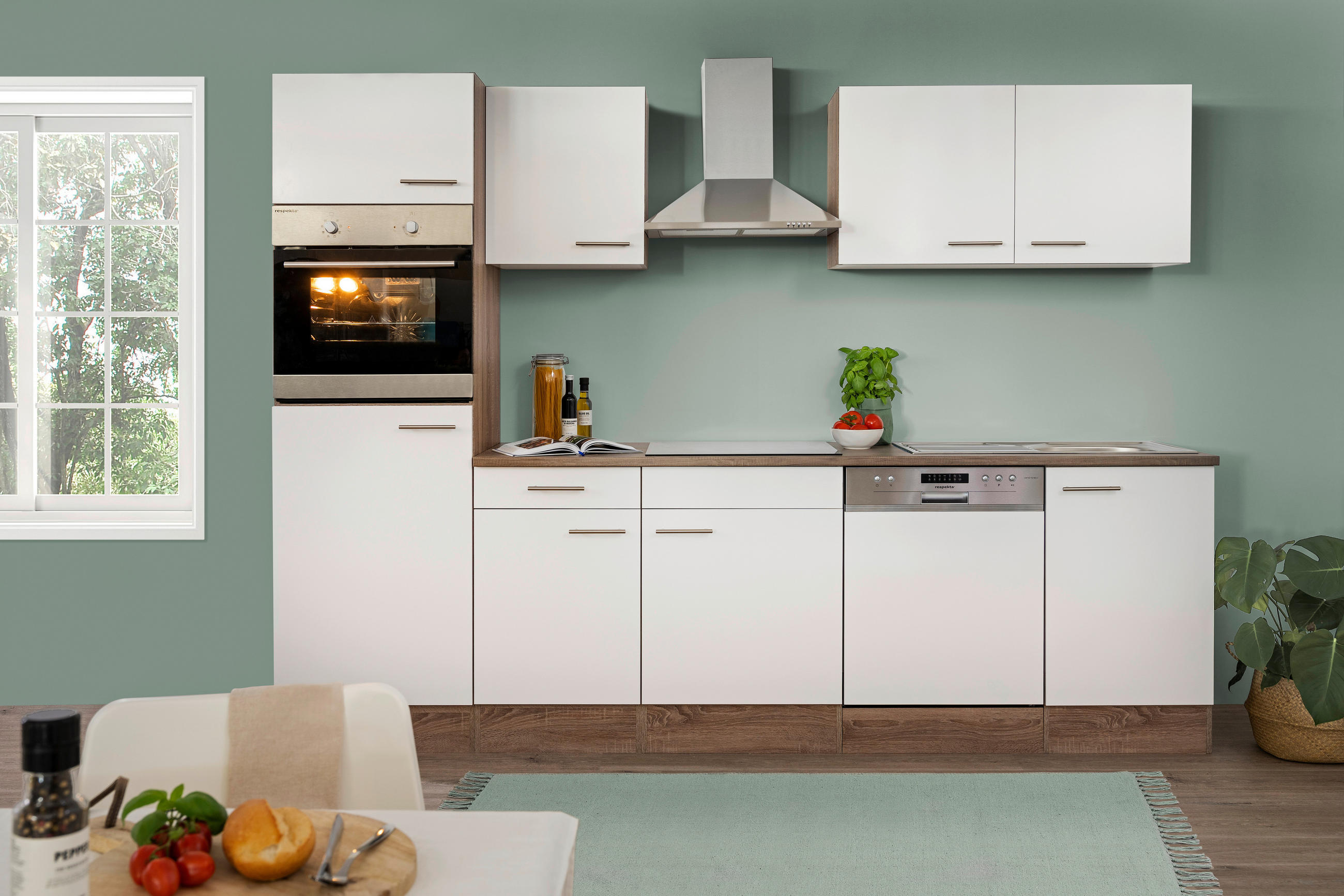 KÜCHENBLOCK 280 cm   in Weiß, Eichefarben  - Edelstahlfarben/Eichefarben, Design, Holzwerkstoff/Metall (280cm) - Respekta