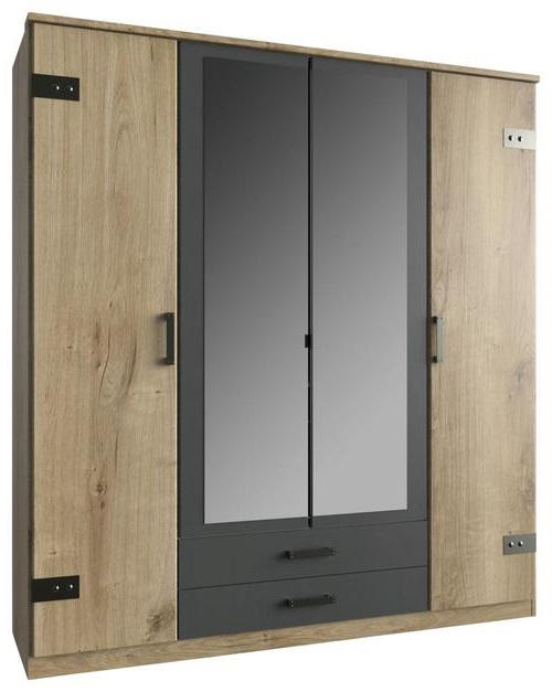 KLEIDERSCHRANK 4-türig Graphitfarben, Plankeneiche  - Plankeneiche/Eichefarben, Trend, Glas/Holzwerkstoff (180/199cm) - Carryhome