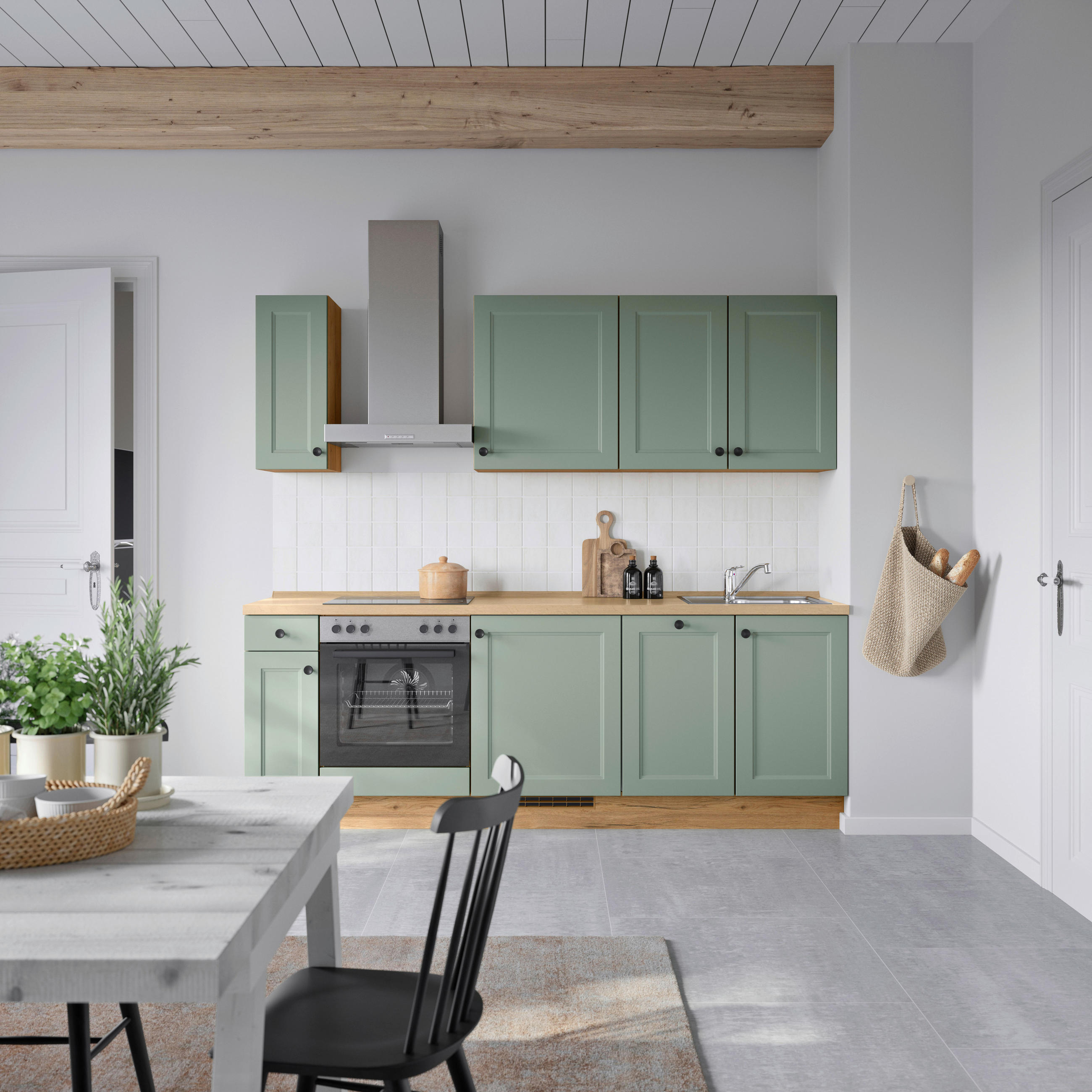 BUCĂTĂRIE FĂRĂ ELECTROCASNICE  - verde/culoare lemn stejar, Modern, metal/material pe bază de lemn (240cm) - Nobilia