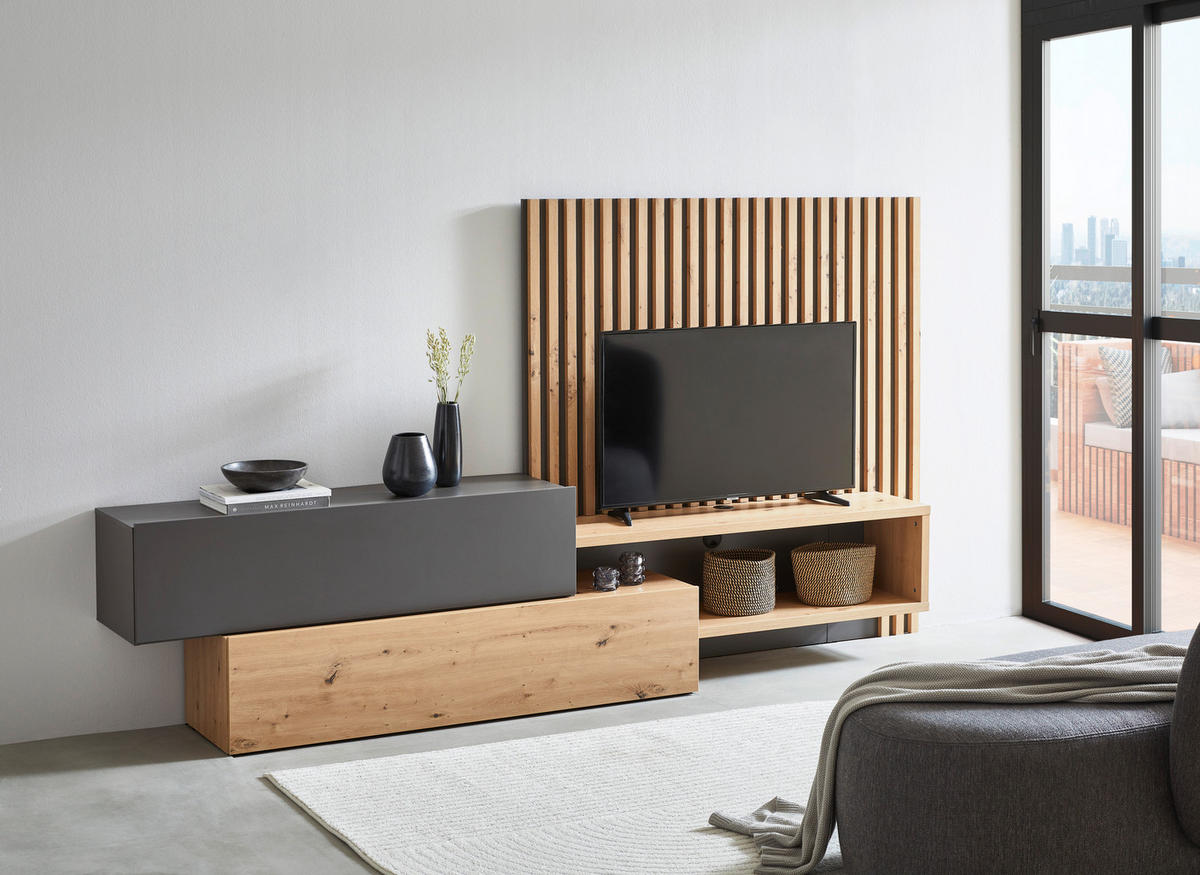 WOHNWAND  in Grau, Eiche Artisan 288,5/152,5/42,5 cm  - Eiche Artisan/Grau, Modern, Holzwerkstoff (288,5/152,5/42,5cm) - Carryhome