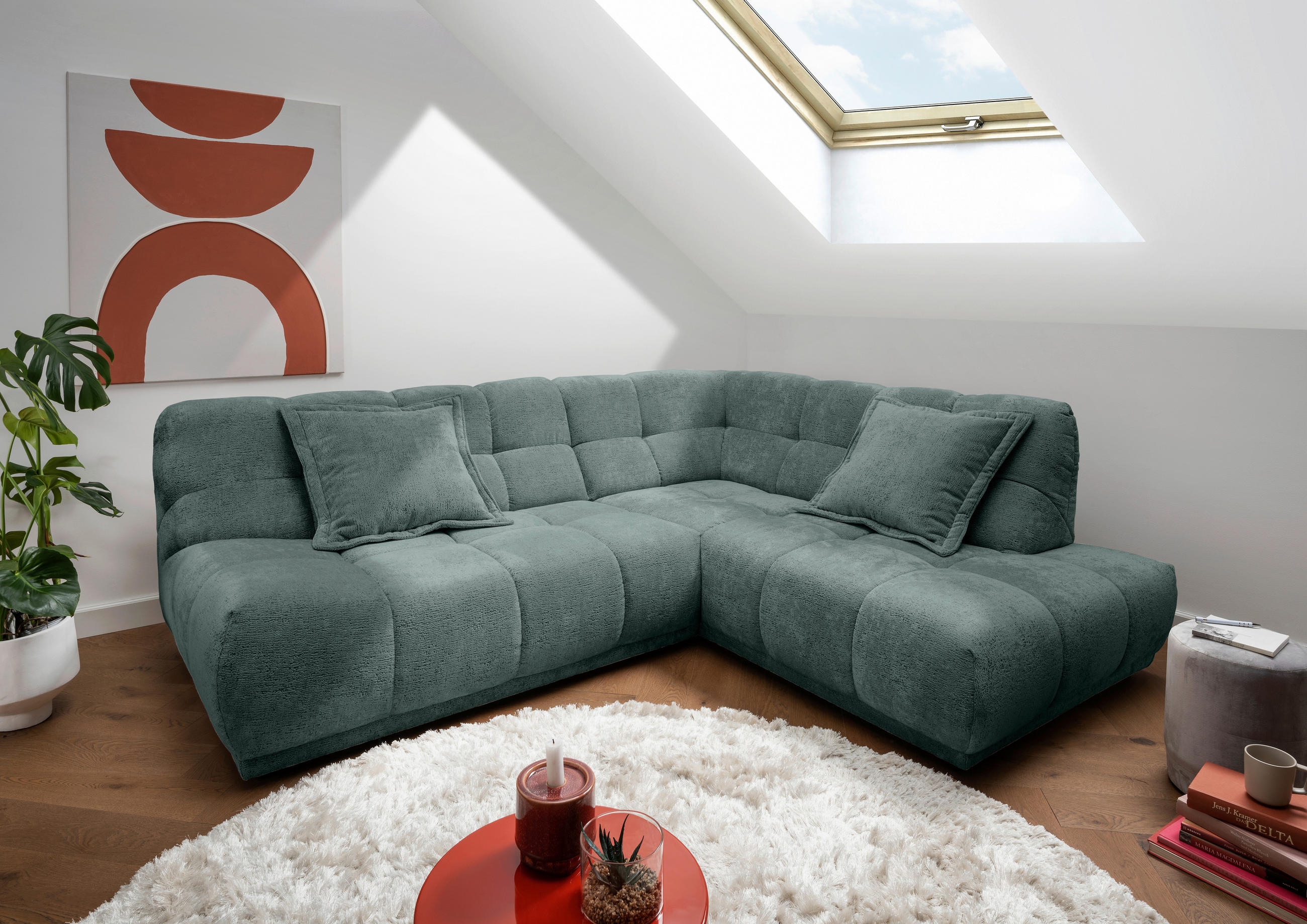 ECKSOFA ITALIA Türkis Chenille  - Türkis/Schwarz, MODERN, Kunststoff/Textil (254/203cm) - Livetastic