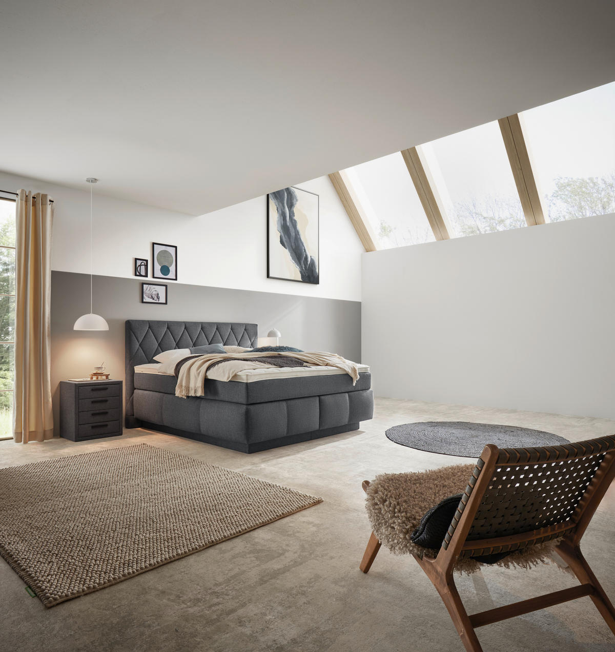 BOXSPRINGBETT 180/200 cm,  in Dunkelblau, Matratze, Topper, unterschiedliche Matratzenhärtegrade je Bettseite, H2 + H3 = mittel + fest  - Schwarz/Dunkelblau, KONVENTIONELL, Holz/Kunststoff (180/200cm) - Voleo