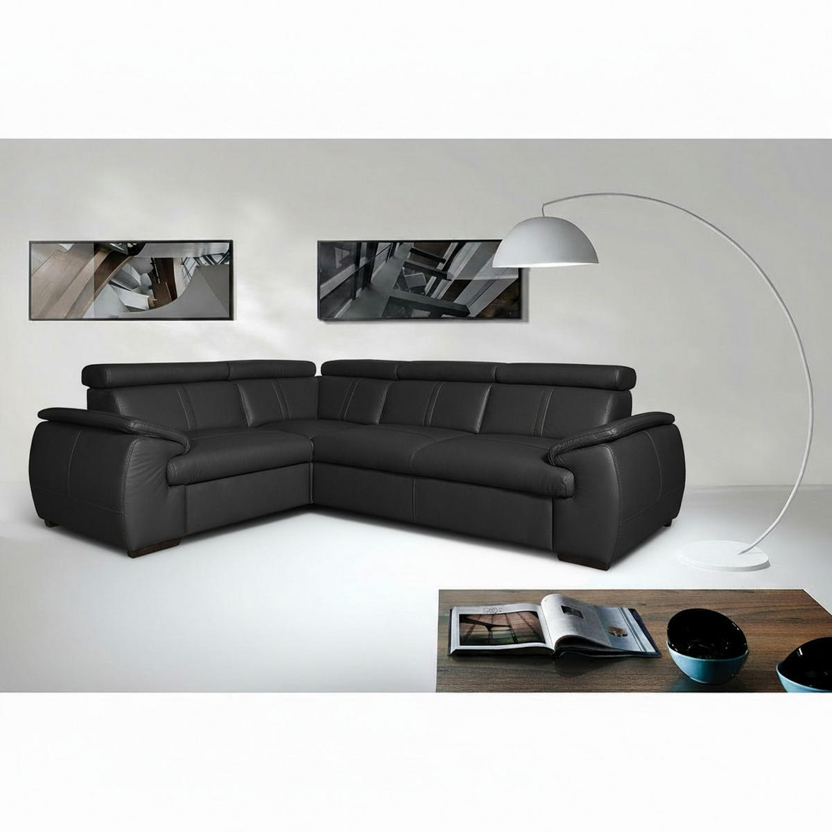 ECKSOFA Echtleder Schwarz  - Wengefarben/Schwarz, Design, Leder/Holz (193/265cm) - Livetastic
