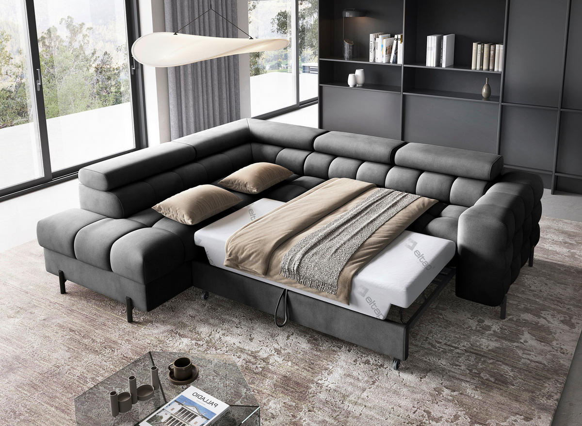 ECKSOFA FERUCCE Dunkelgrau Flachgewebe Bettkasten, Kopfteilverstellung  - Dunkelgrau/Schwarz, Design, Textil/Metall (200/276cm) - MID.YOU