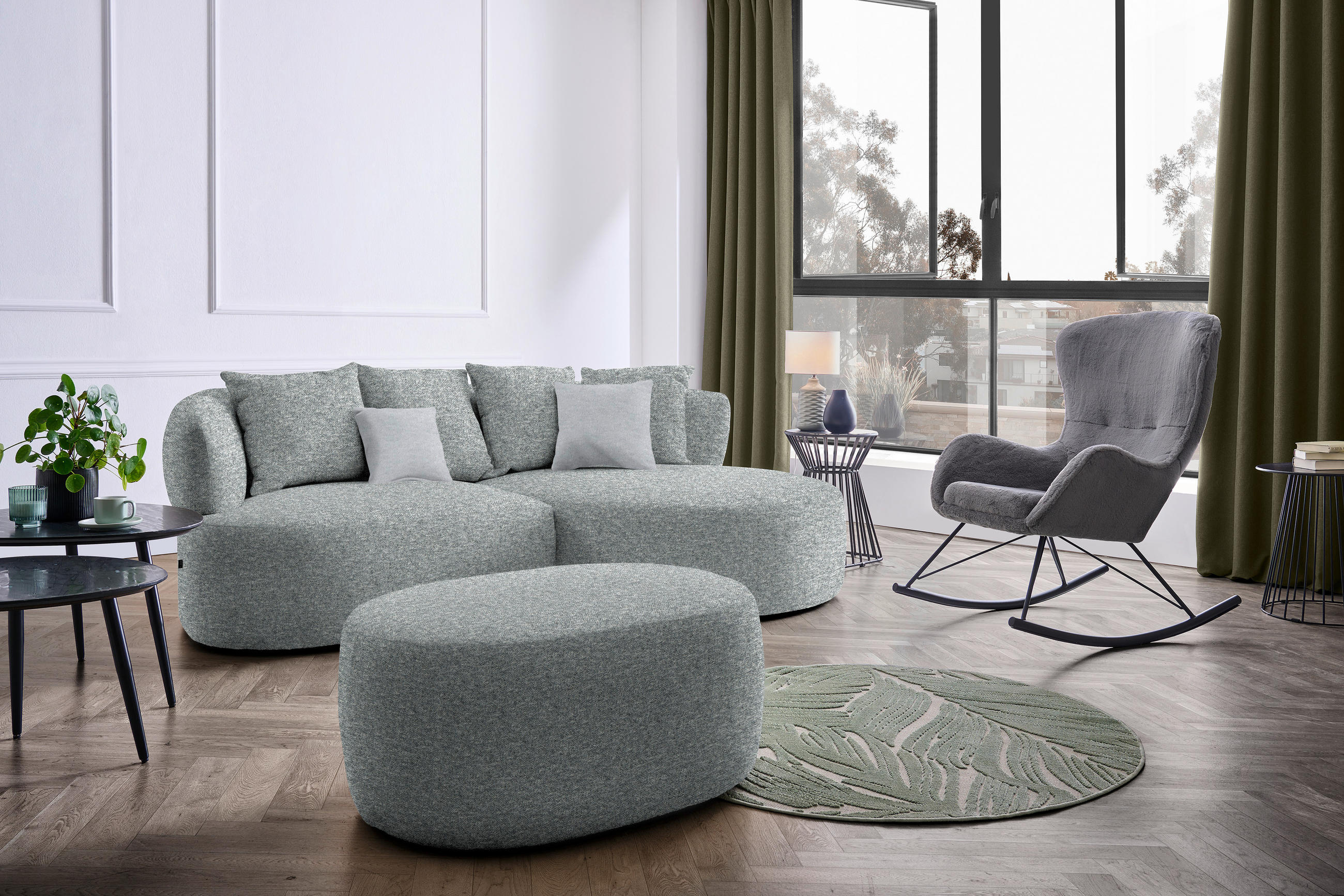 ECKSOFA in Flachgewebe Grau, Grün  235/166 cm  - Hellgrau/Schwarz, MODERN, Kunststoff/Textil (235/166cm) - Hom`in
