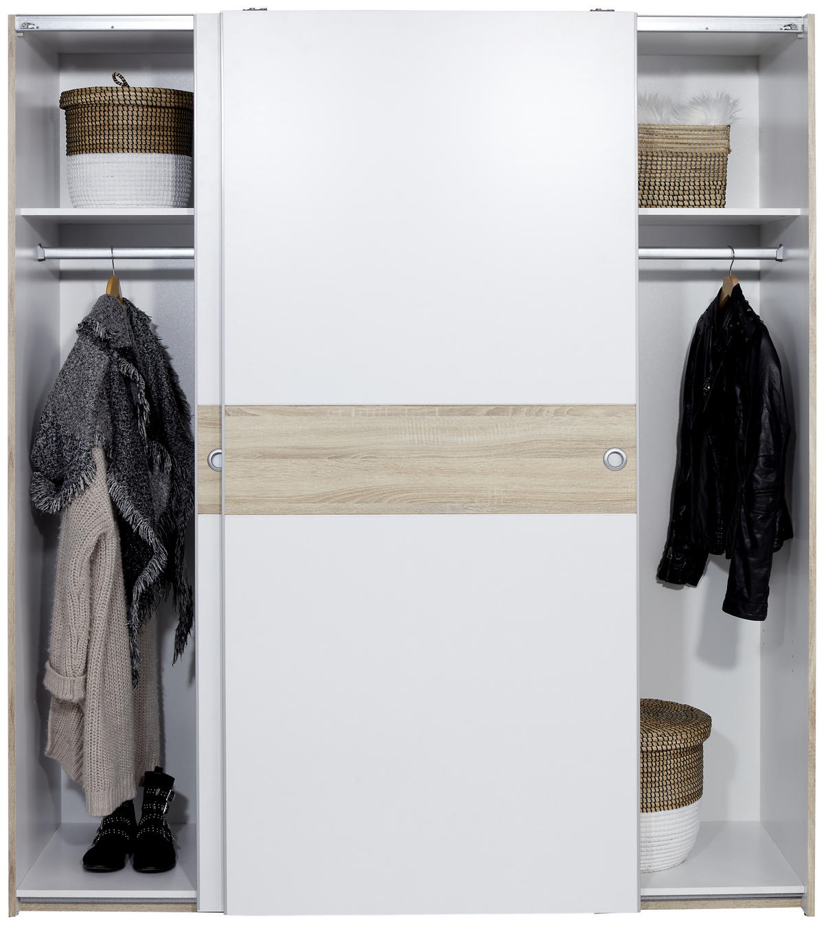 OMARA Z DRSNIMI VRATI, hrast sonoma, bela  - bela/barve aluminija, Konvencionalno, umetna masa/leseni material (170/196/60cm) - MID.YOU