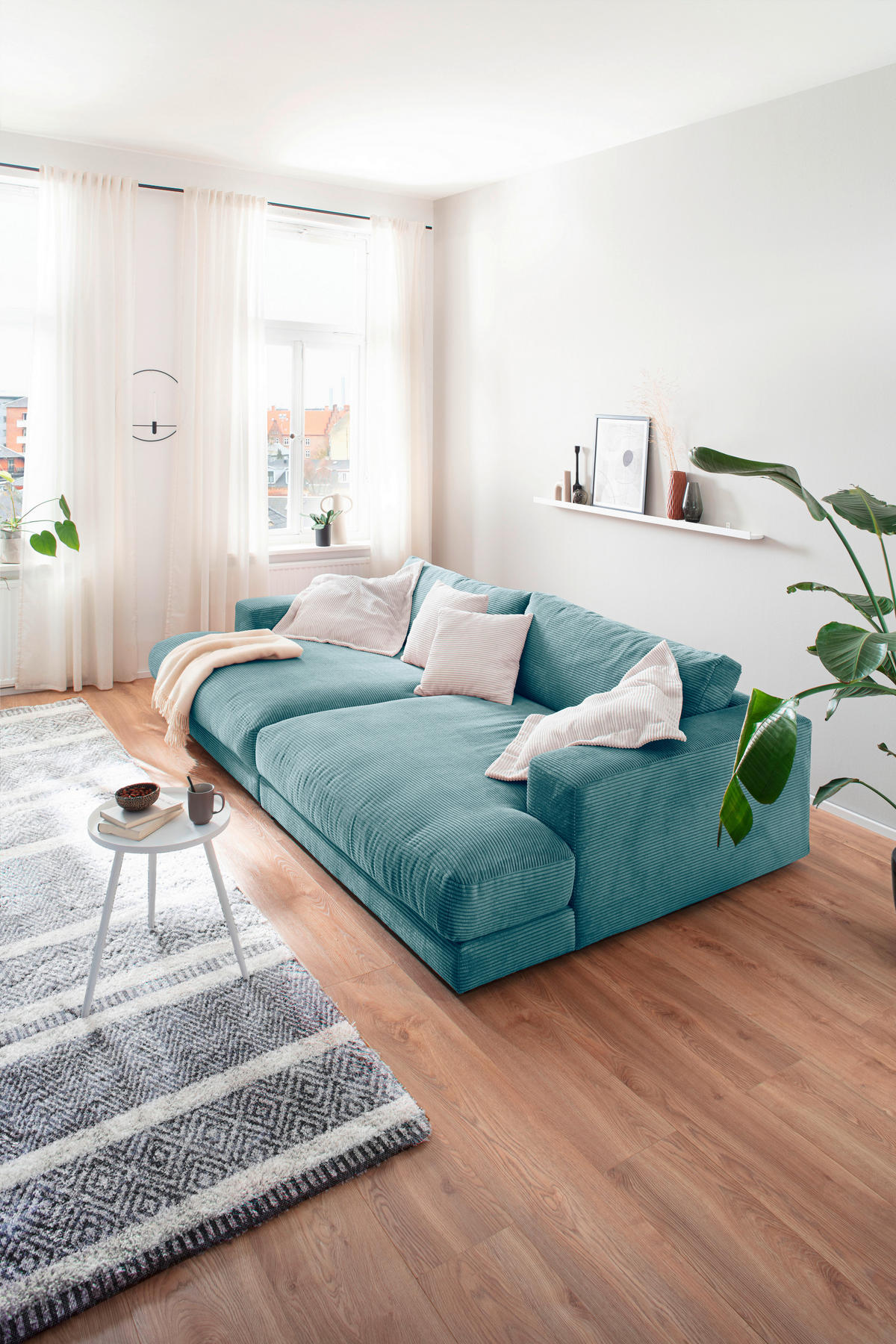 MEGASOFA Cord Petrol  - Petrol/Schwarz, Design, Kunststoff/Textil (290/86/170cm) - Pure Home Lifestyle