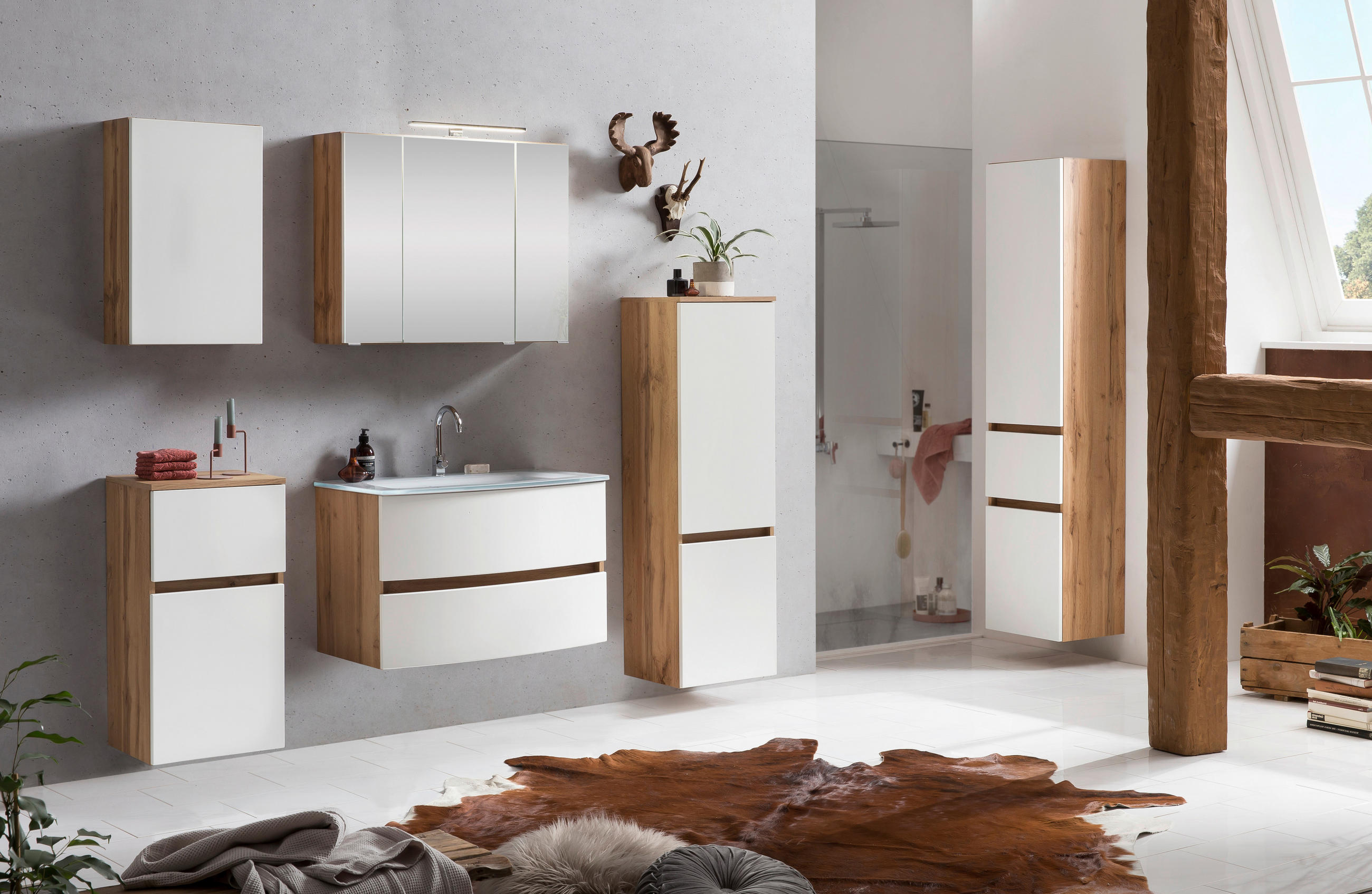 WASCHTISCHKOMBI 80 cm  - Weiss/Eichefarben, Konventionell, Glas/Holzwerkstoff (80cm) - Held