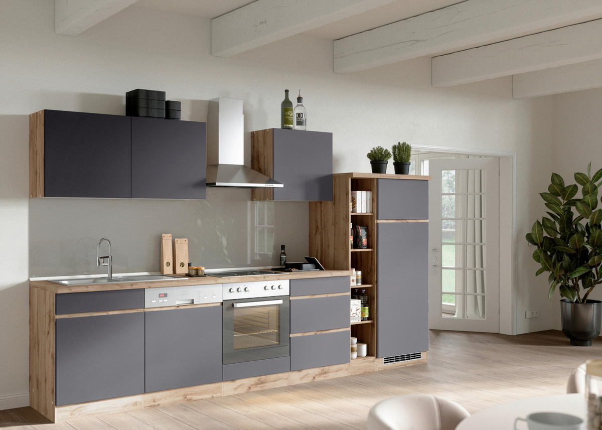 KÜCHENBLOCK 330 cm   in Grau, Eiche Wotan  - Eiche Wotan/Grau, Design, Holzwerkstoff (330cm) - Held