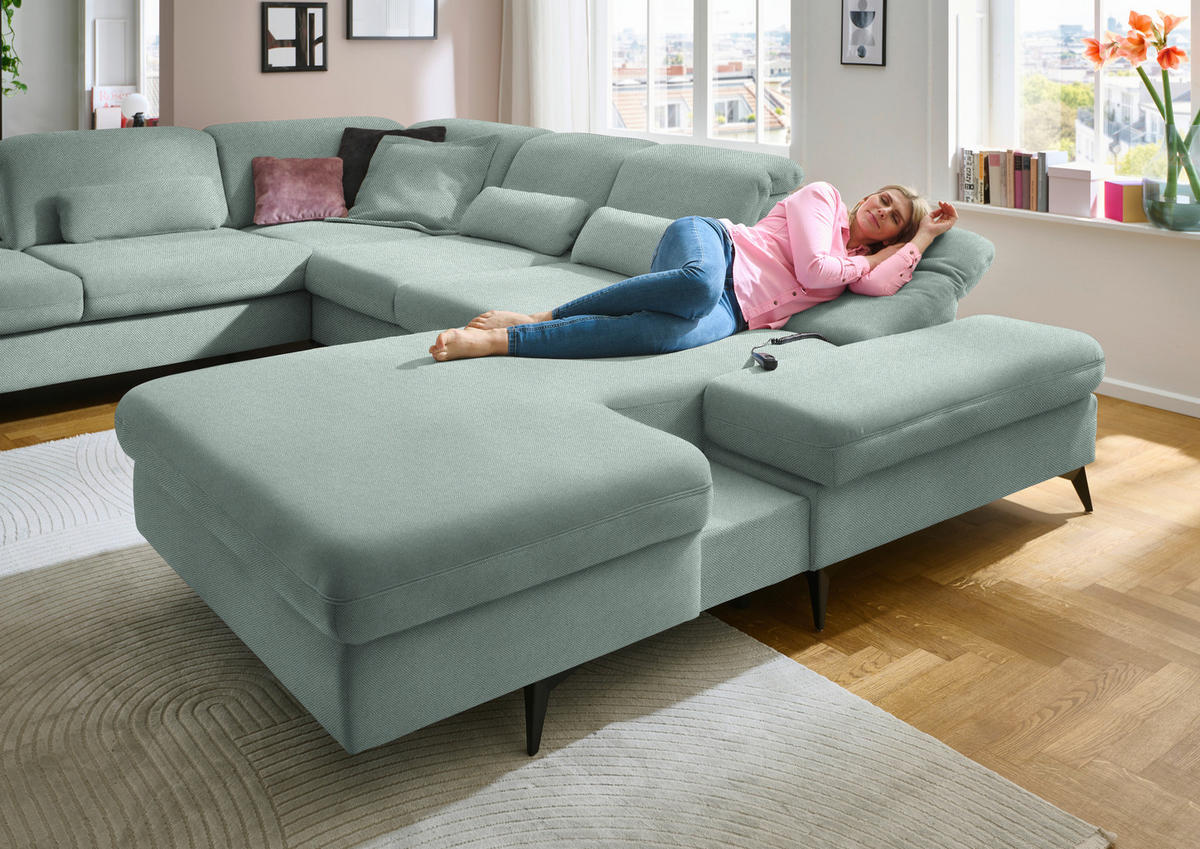 WOHNLANDSCHAFT  in Chenille Mintgrün  - Schwarz/Mintgrün, Design, Textil/Metall (255/364/198cm) - Beldomo Style