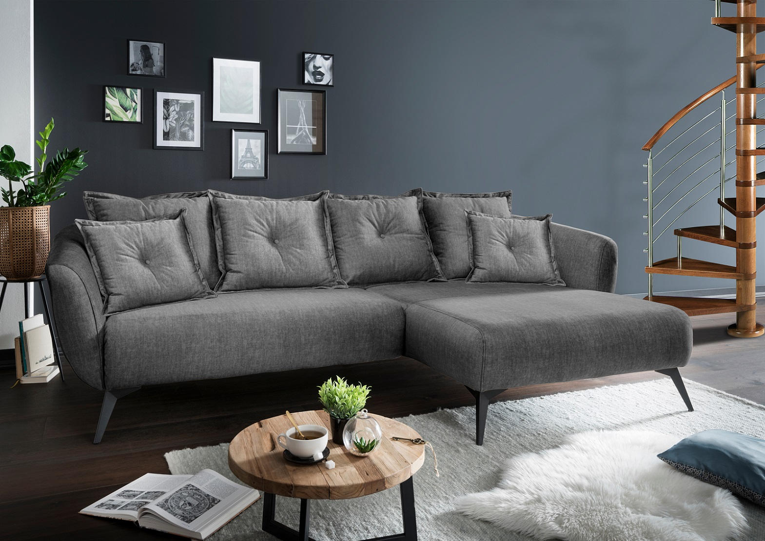 ECKSOFA in Velours Grau  - Schwarz/Grau, Modern, Holz/Textil (277/94/162cm) - Livetastic