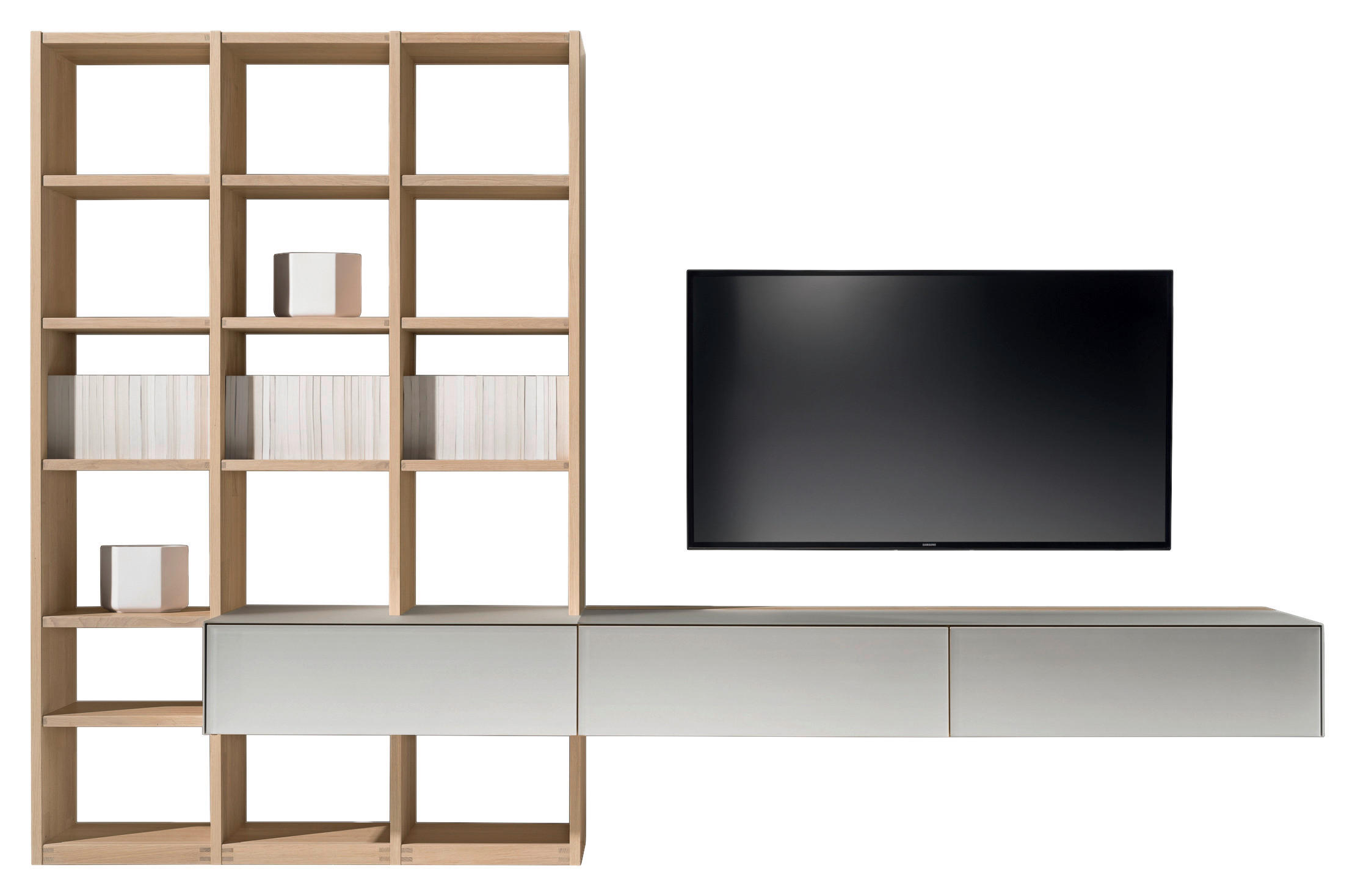 WOHNWAND  in Eichefarben, Hellgrau  284,6/187,3/48,3 cm  - Eichefarben/Hellgrau, Design, Glas/Holz (284,6/187,3/48,3cm) - Team 7