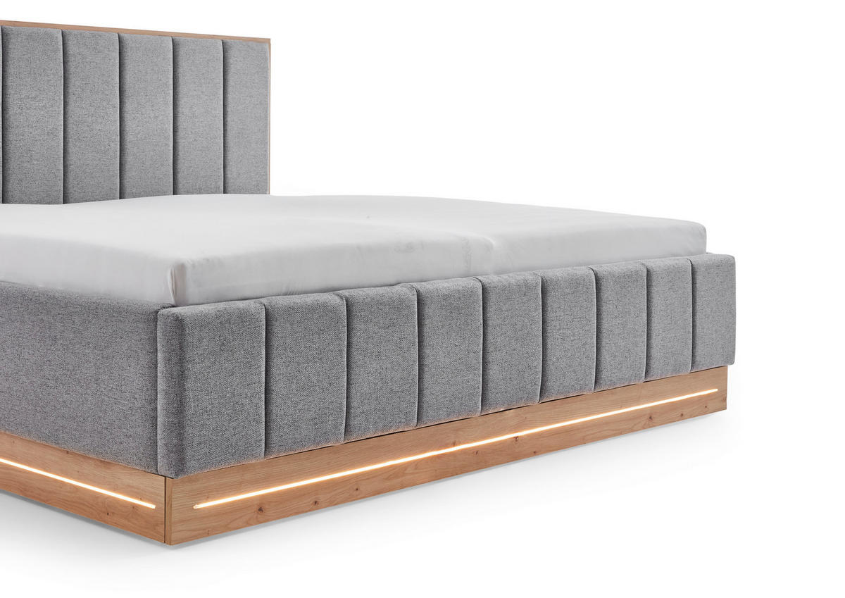 POLSTERBETT 180/200 cm,  in Grau, Beleuchtung,  - Eichefarben/Grau, Design, Holzwerkstoff/Textil (180/200cm) - Stylife