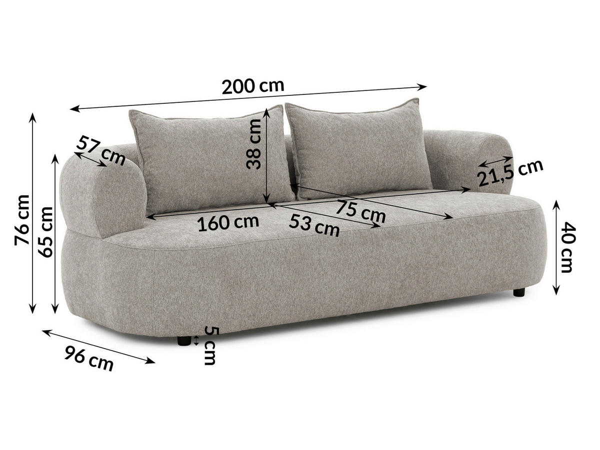 3-SITZER-SOFA Chenille Hellgrau  - Hellgrau/Schwarz, Design, Kunststoff/Textil (200/76/96cm) - Livetastic