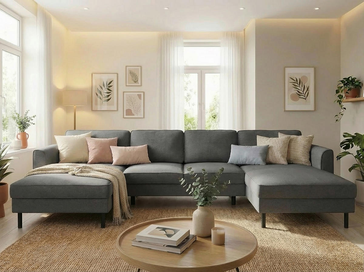 WOHNLANDSCHAFT Anthrazit Struktur  - Anthrazit/Schwarz, MODERN, Textil/Metall (161/306/161cm) - Trendmanufaktur