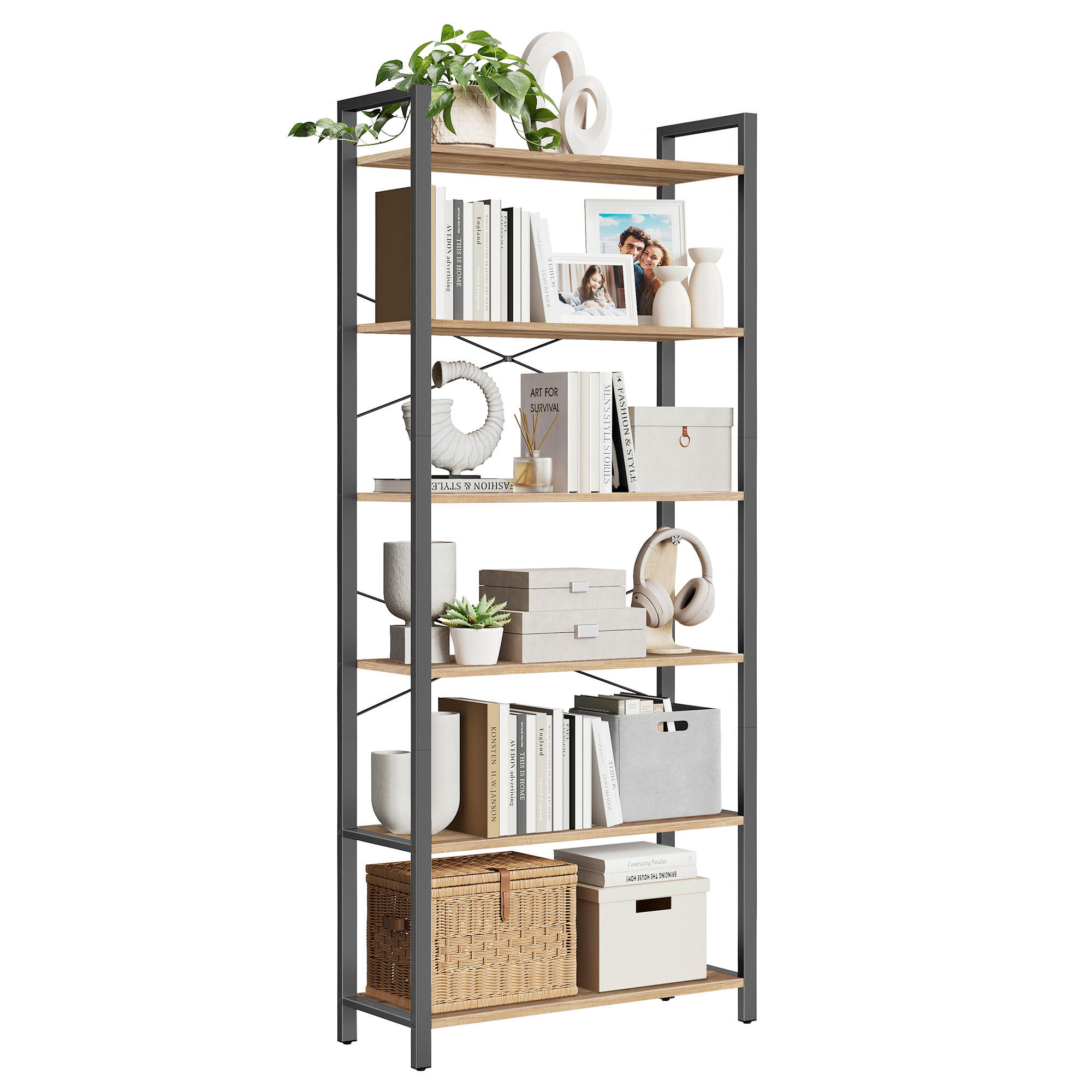 Thumbnail - Boxxx Regal, Schwarz, Walnuss, Holzwerkstoff, Vintage, 6 Fächer, 80x186x30 cm, stehend, Wohnzimmer, Regale, Bücherregale