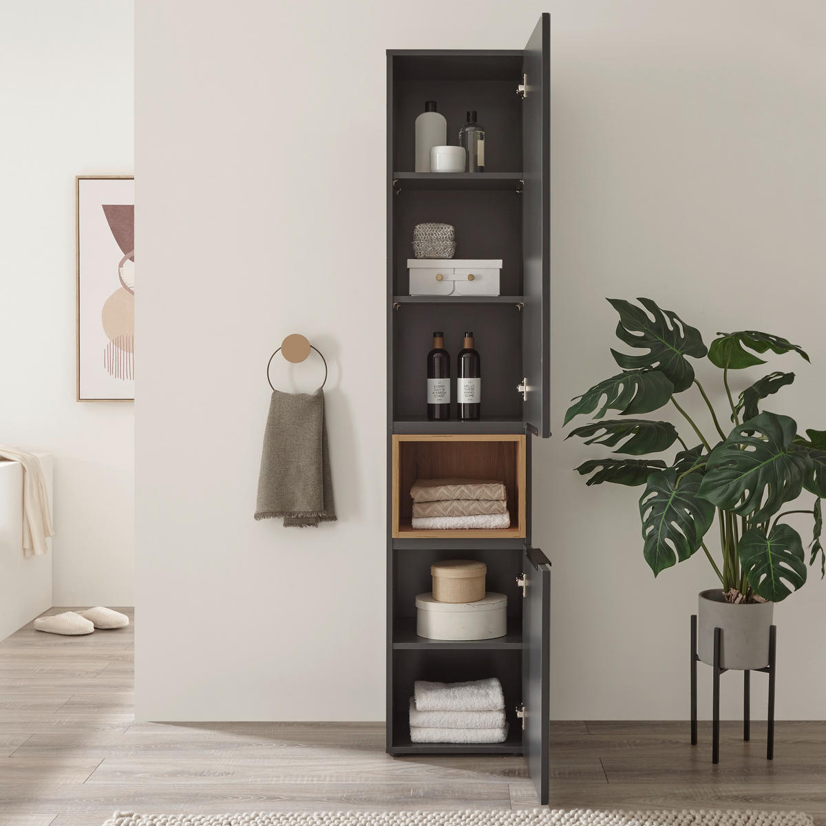 MAGASSZEKRÉNY 38/185/35 cm  - tölgyfa színű/fekete, Design, műanyag/faalapú anyag (38/185/35cm) - home24