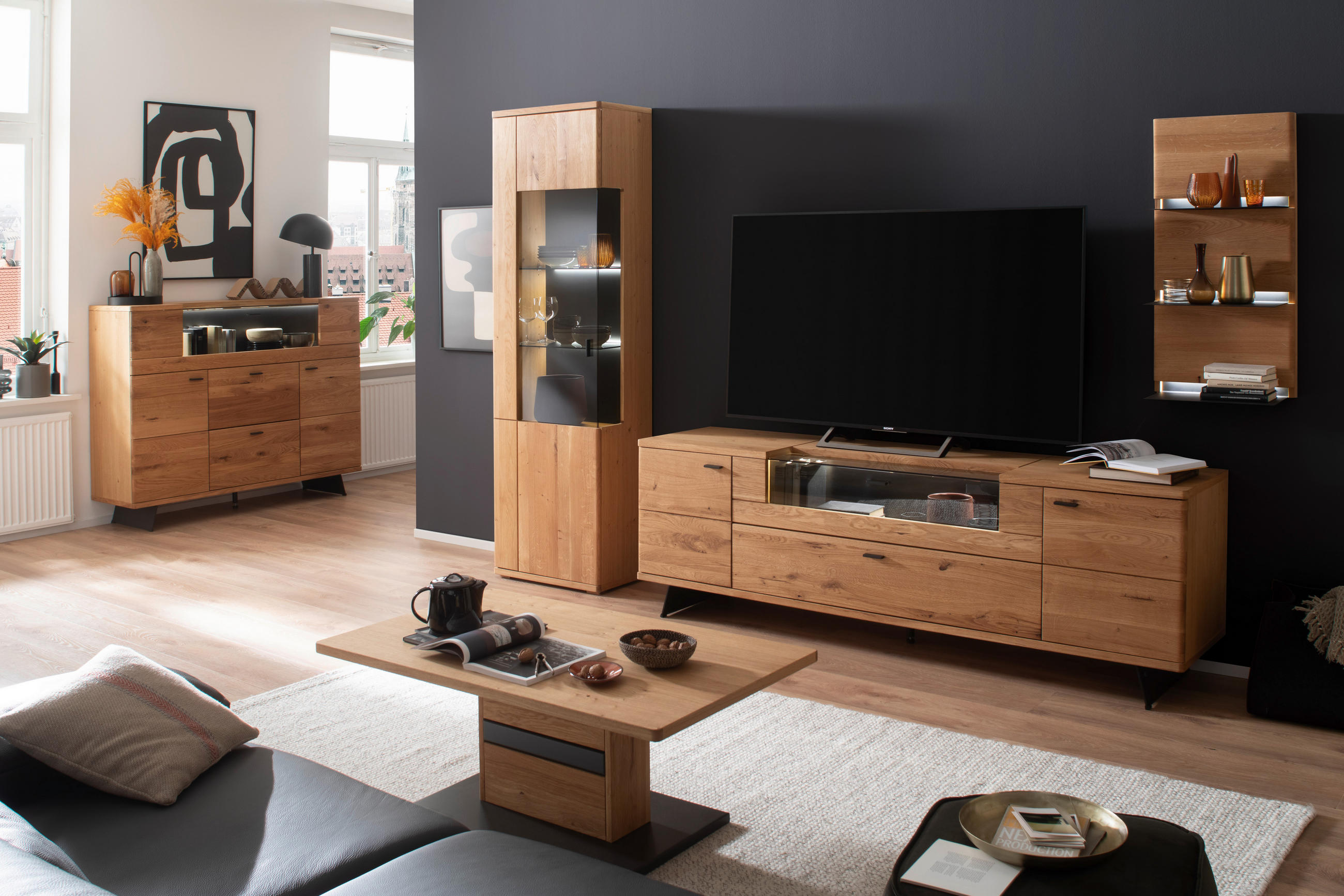 WOHNWAND 3-teilig in Wildeiche 305/209/50 cm - Wildeiche/Anthrazit, Natur, Glas/Holz (305/209/50cm) - Linea Natura