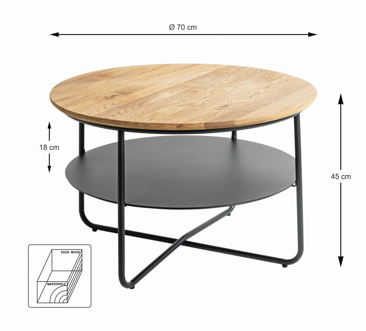 BEISTELLTISCH 70/70/45 cm Eiche massiv Schwarz, Eichefarben rund  - Eichefarben/Schwarz, Design, Holz/Metall (70/70/45cm)